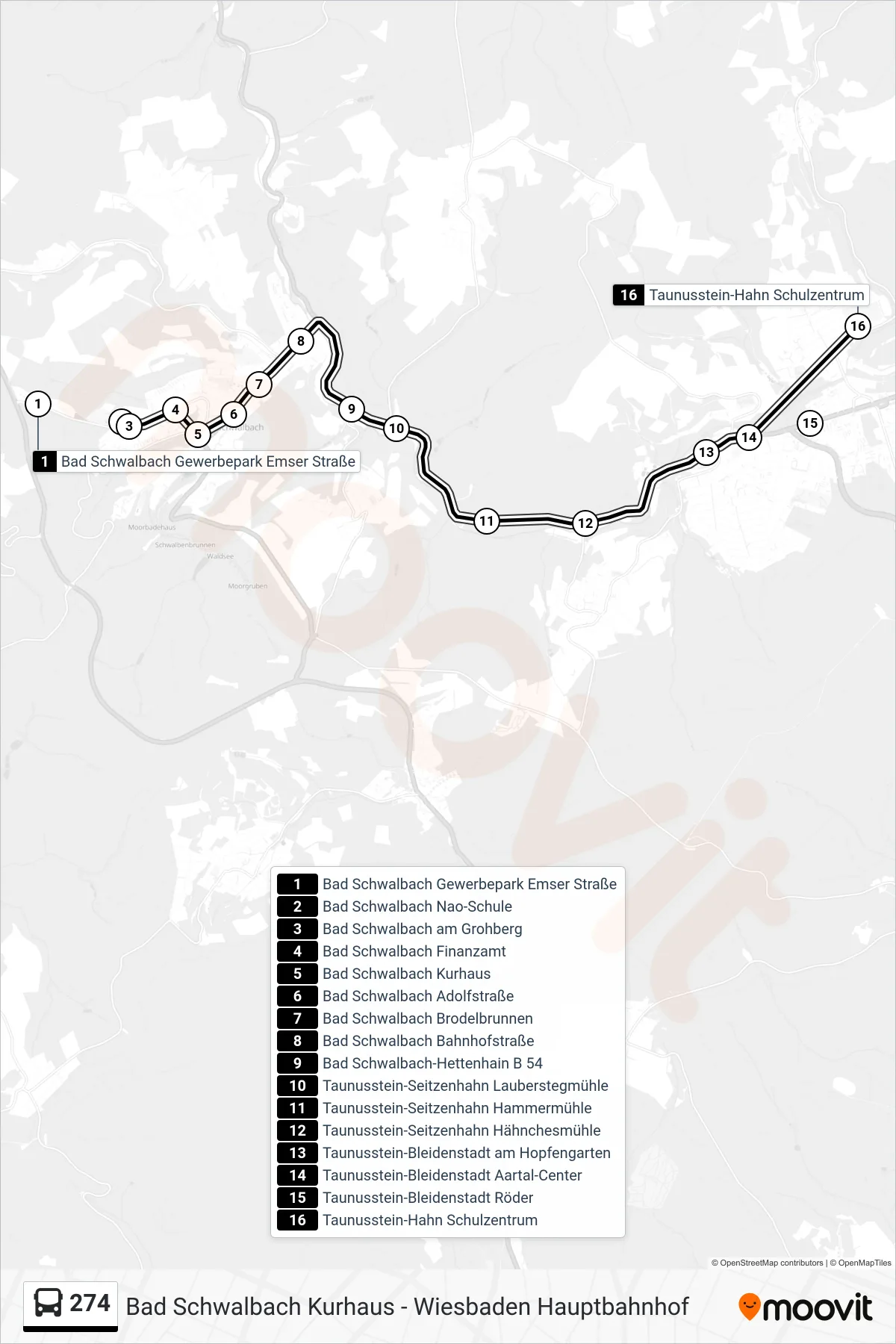 274 bus Line (Taunusstein-Hahn Schulzentrum) route and stops on a map