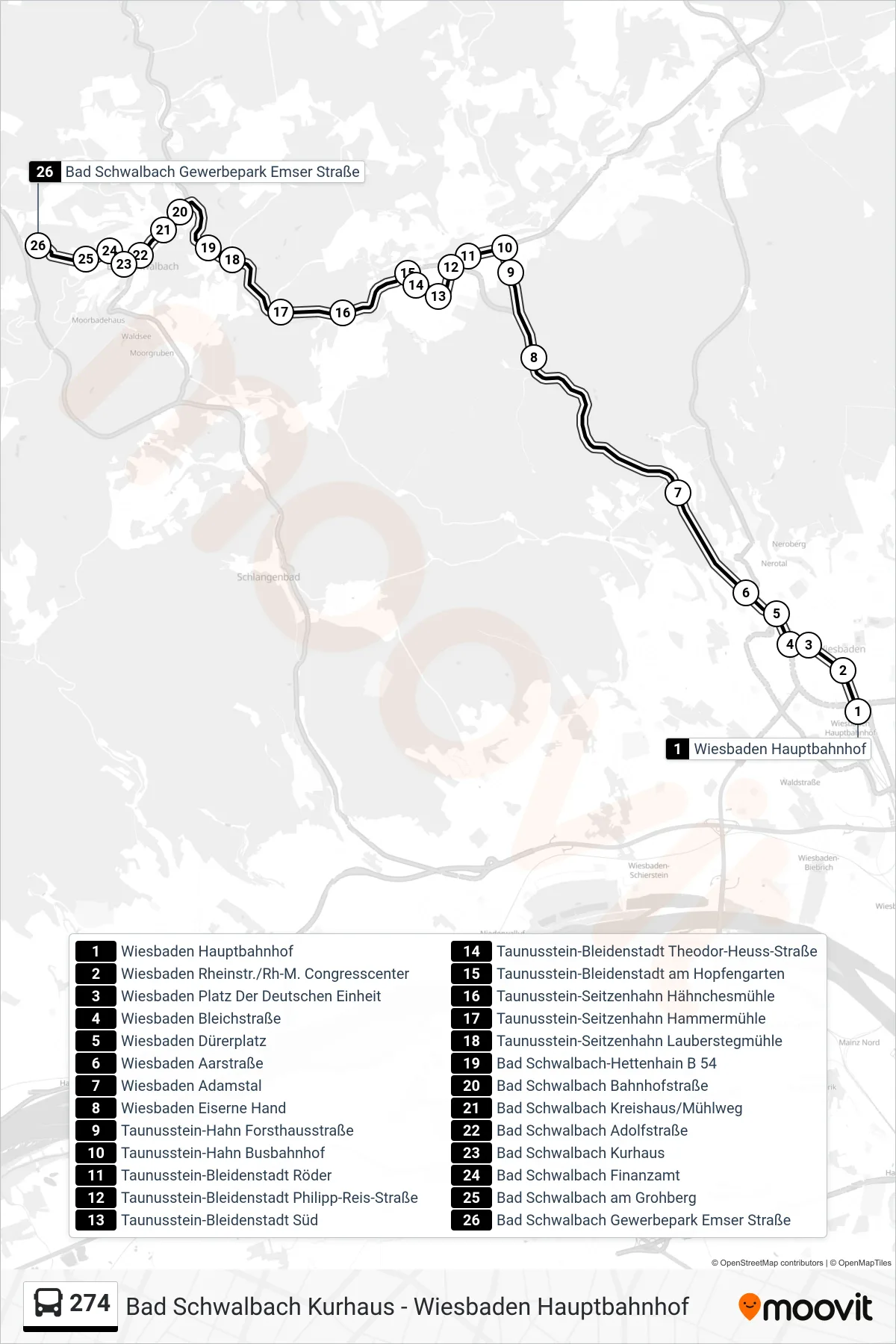 274 bus Line (Bad Schwalbach Gewerbepark Emser Straße) route and stops on a map