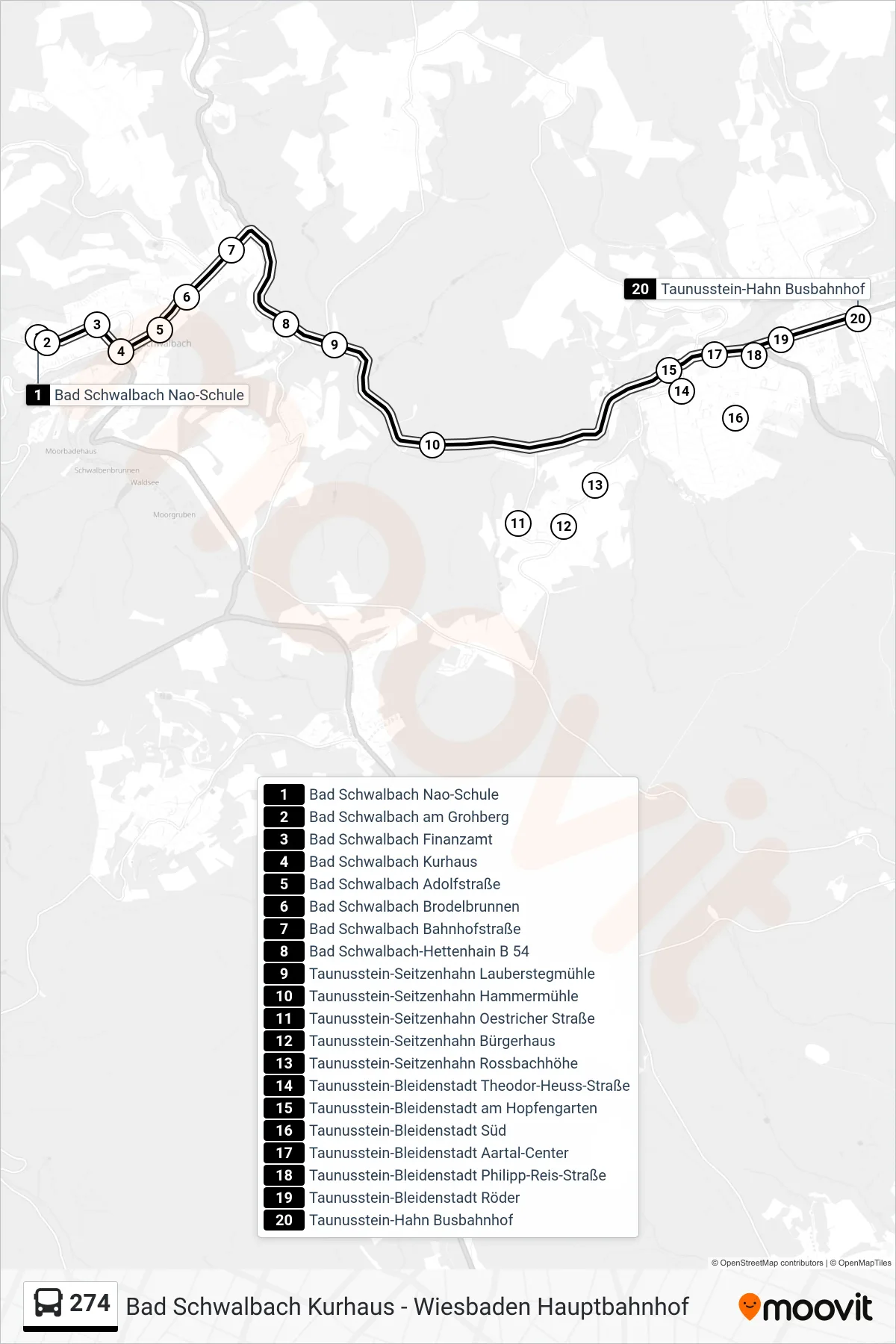 274 bus Line (Taunusstein-Hahn Busbahnhof) route and stops on a map