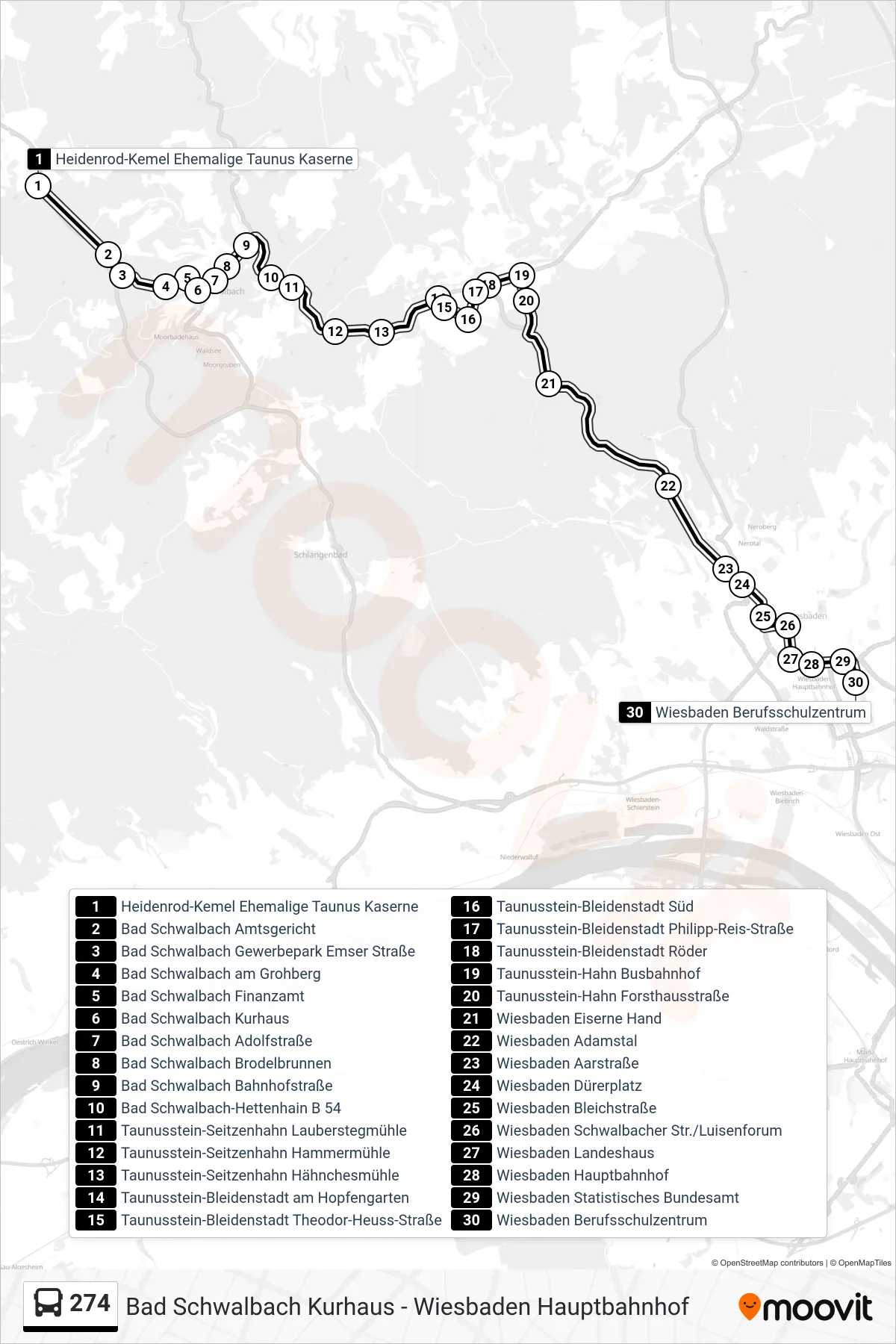 274 bus Line (Wiesbaden Berufsschulzentrum) route and stops on a map