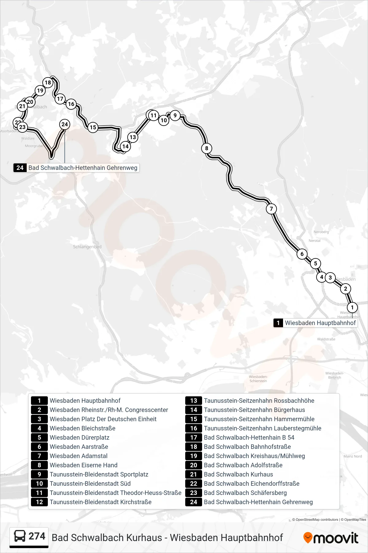 274 bus Line (Bad Schwalbach-Hettenhain Gehrenweg) route and stops on a map