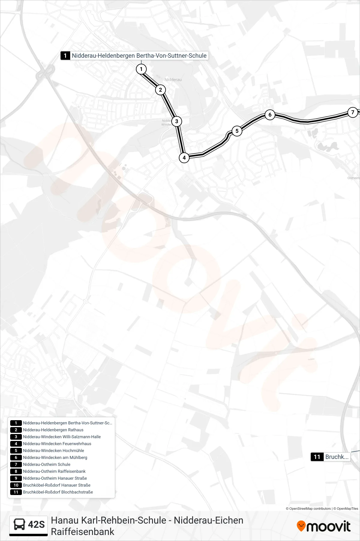 42S bus Line (Bruchköbel-Roßdorf Blochbachstraße) route and stops on a map