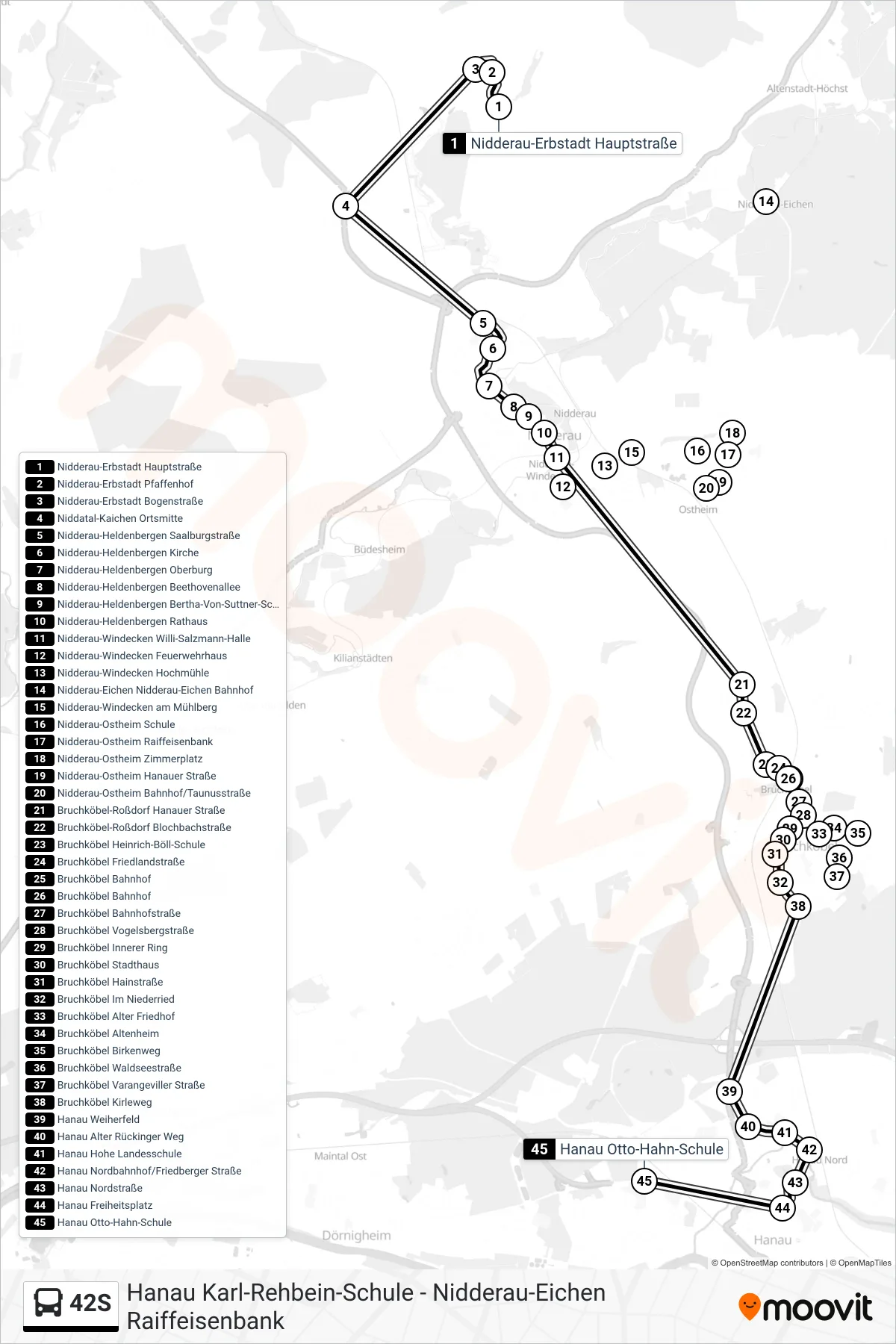 42S bus Line (Hanau Otto-Hahn-Schule) route and stops on a map