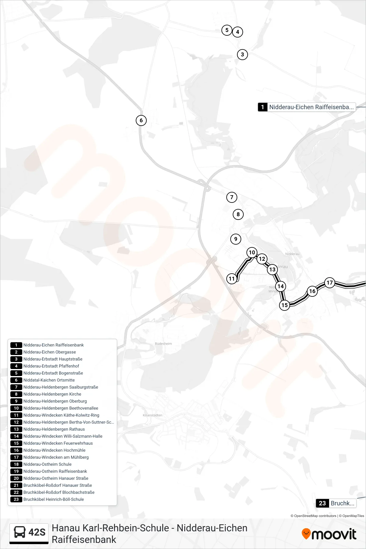 42S bus Line (Bruchköbel Heinrich-Böll-Schule) route and stops on a map