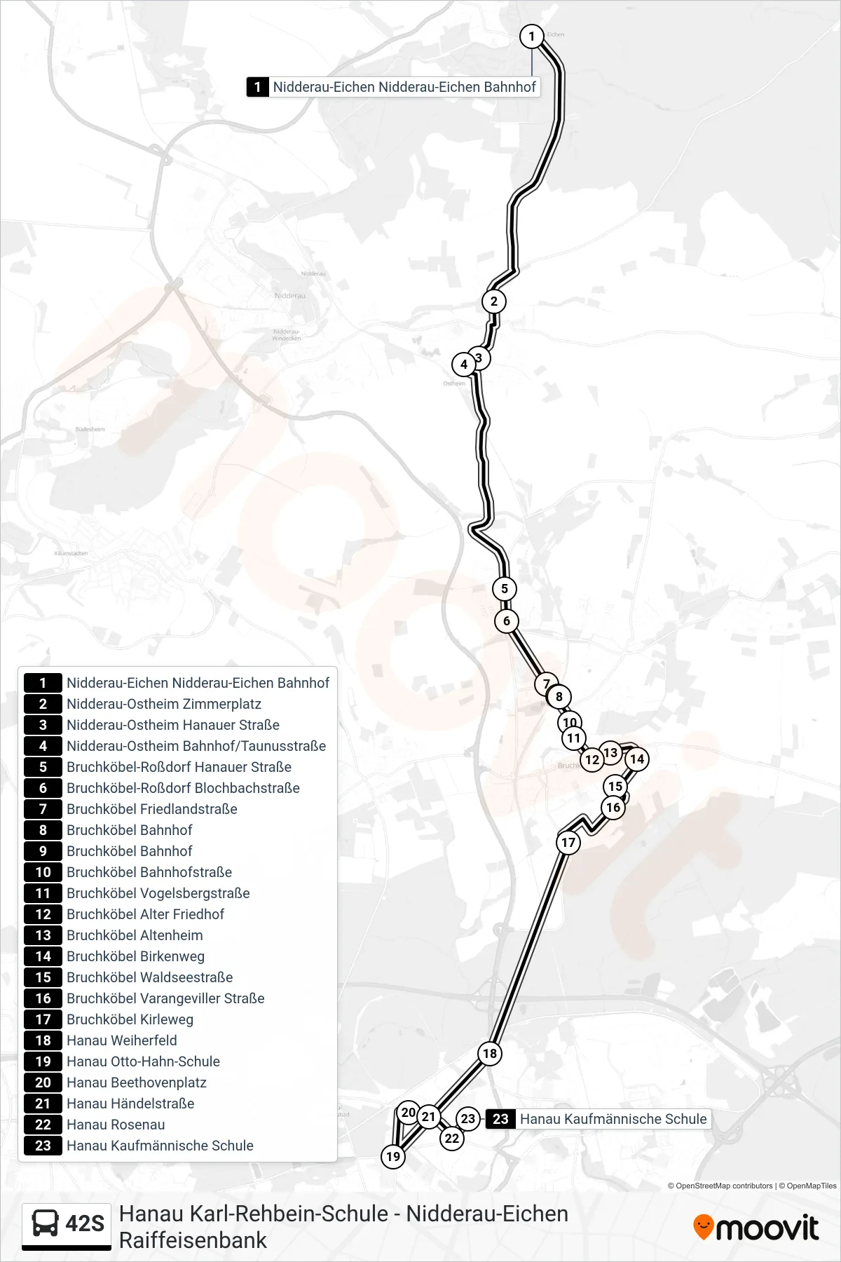 42S bus Line (Hanau Kaufmännische Schule) route and stops on a map