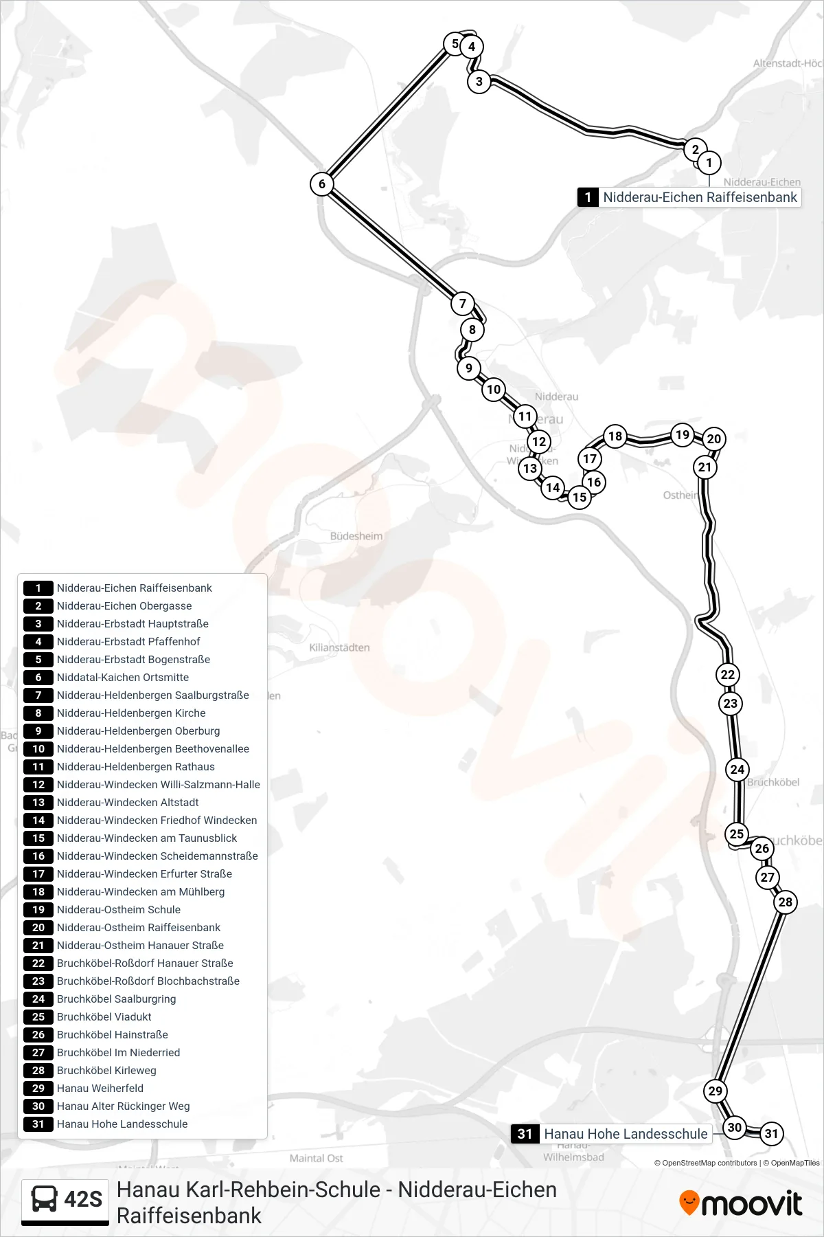42S bus Line (Hanau Hohe Landesschule) route and stops on a map