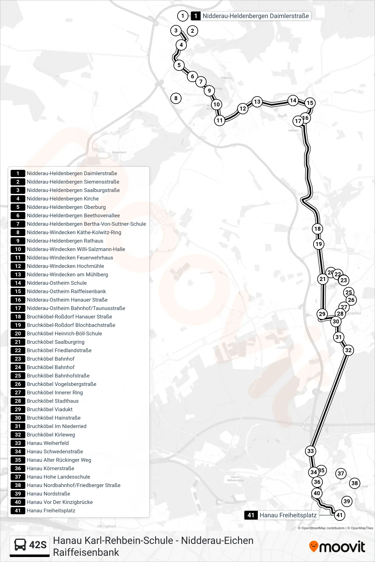 42S bus Line (Hanau Freiheitsplatz) route and stops on a map