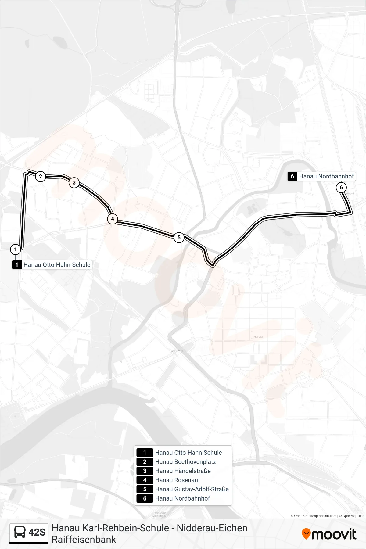 42S bus Line (Hanau Nordbahnhof) route and stops on a map