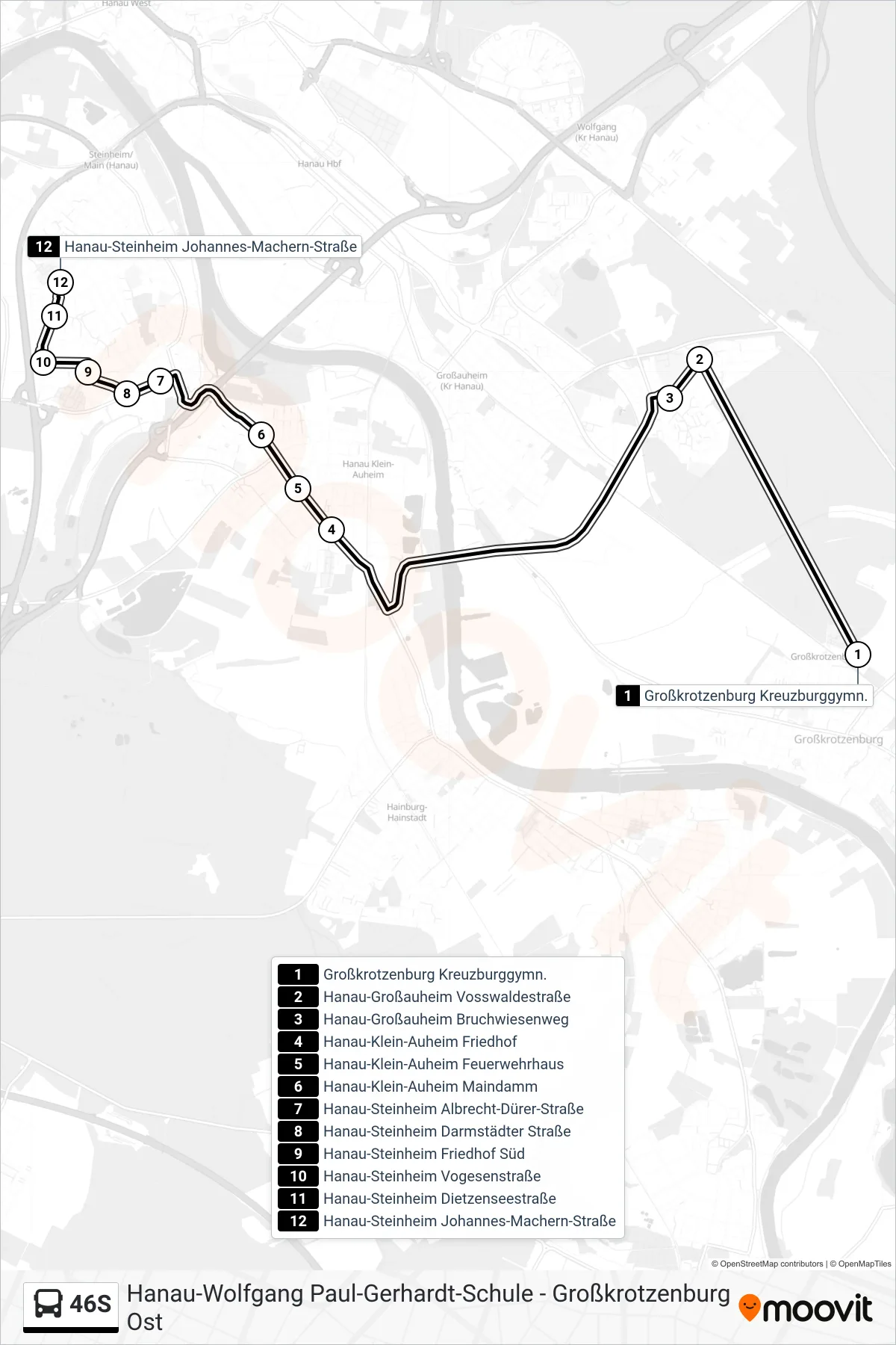 46S bus Line (Hanau-Steinheim Johannes-Machern-Straße) route and stops on a map