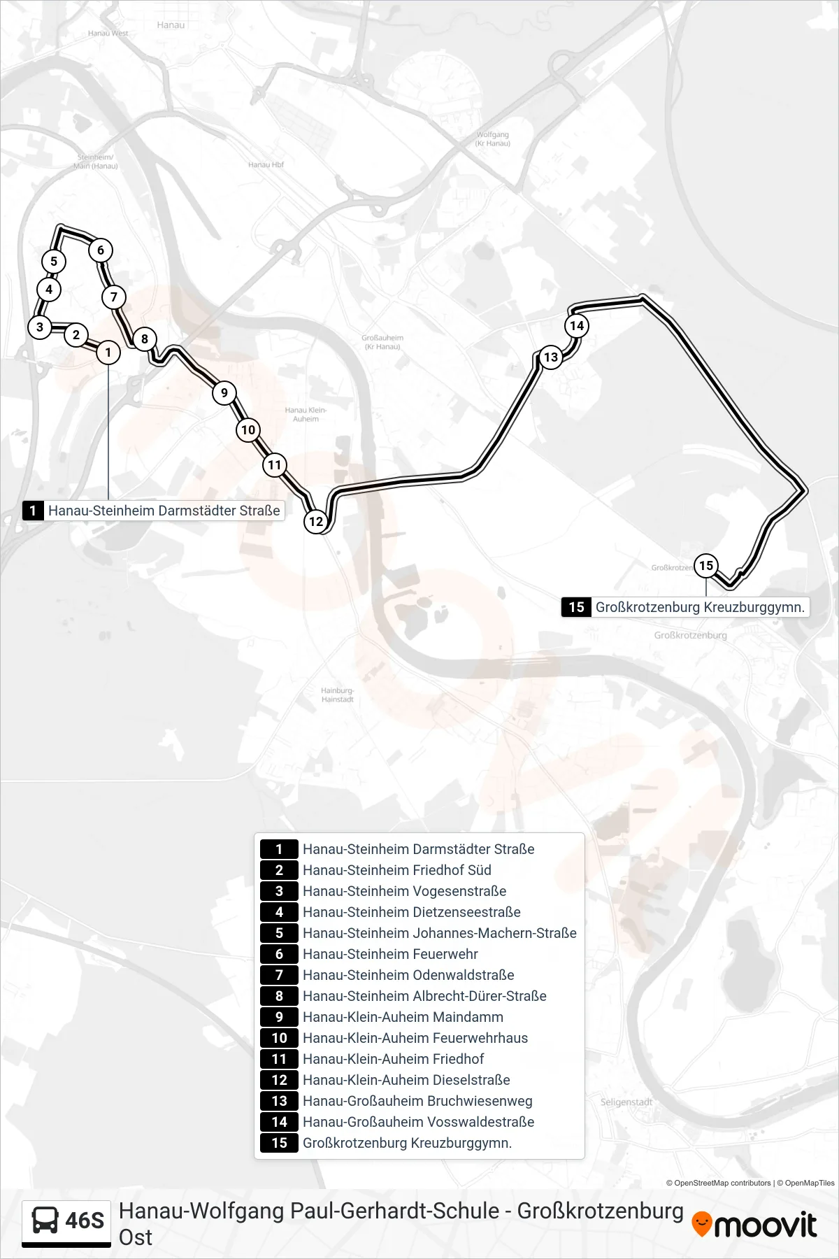 46S bus Line (Großkrotzenburg Kreuzburggymn.) route and stops on a map