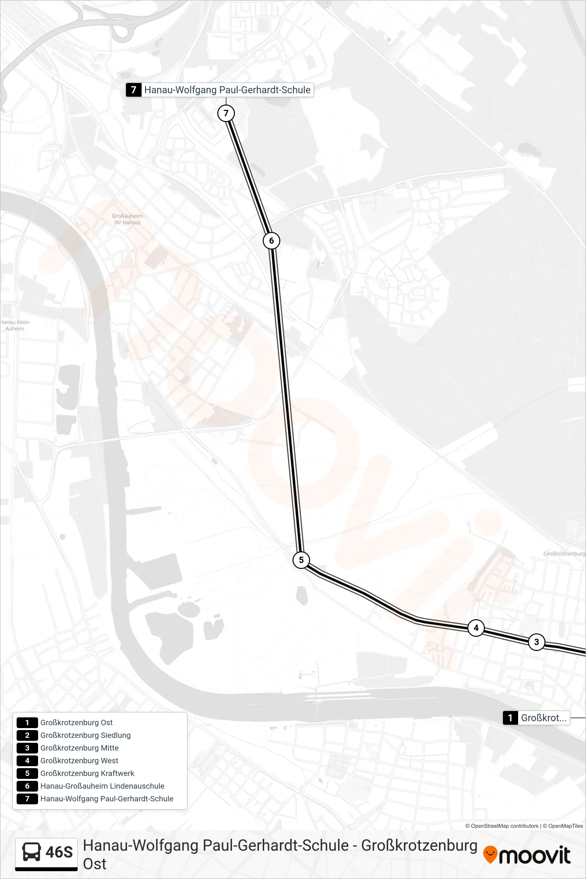 46S bus Line (Hanau-Wolfgang Paul-Gerhardt-Schule) route and stops on a map