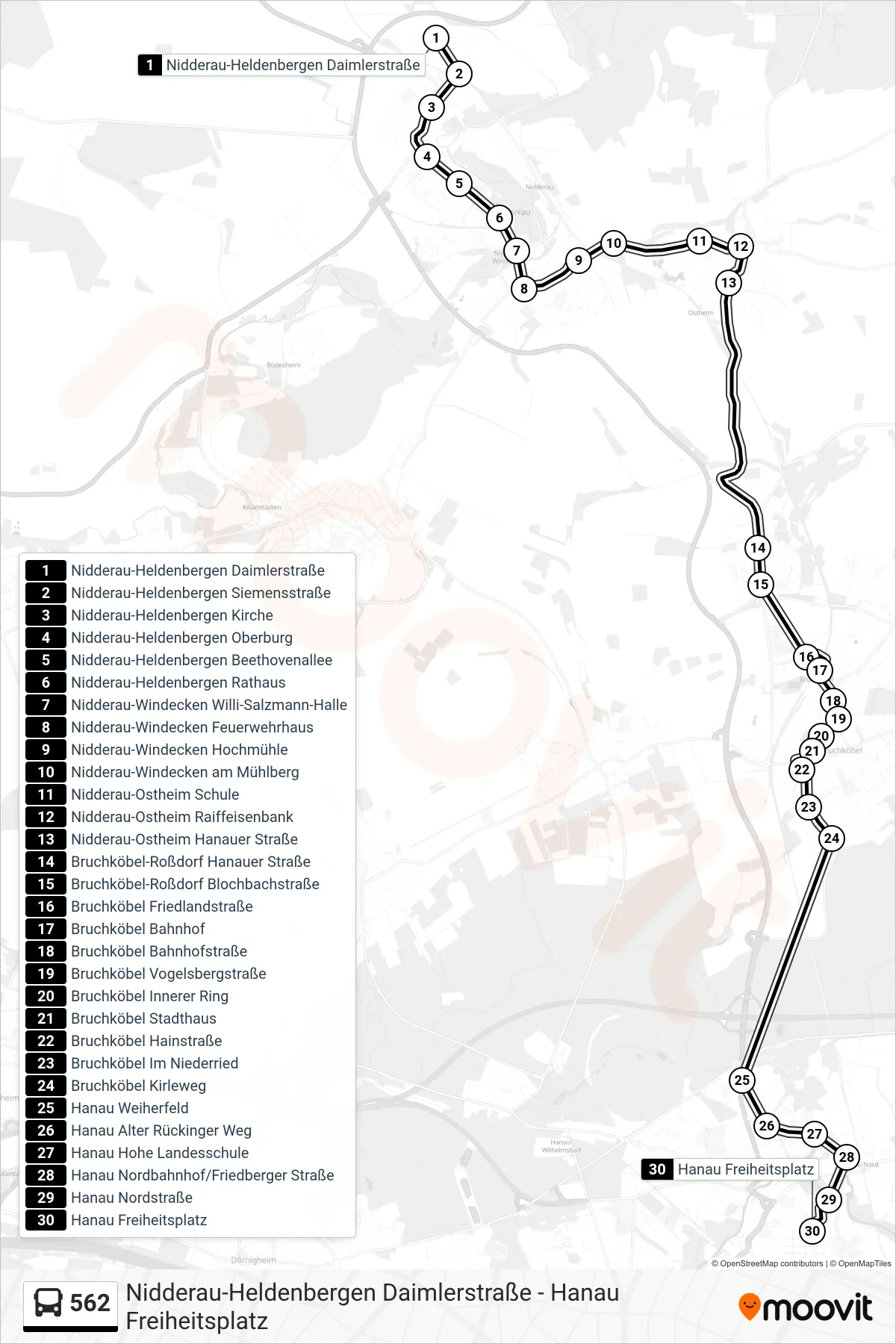 562 bus Line (Hanau Freiheitsplatz) route and stops on a map