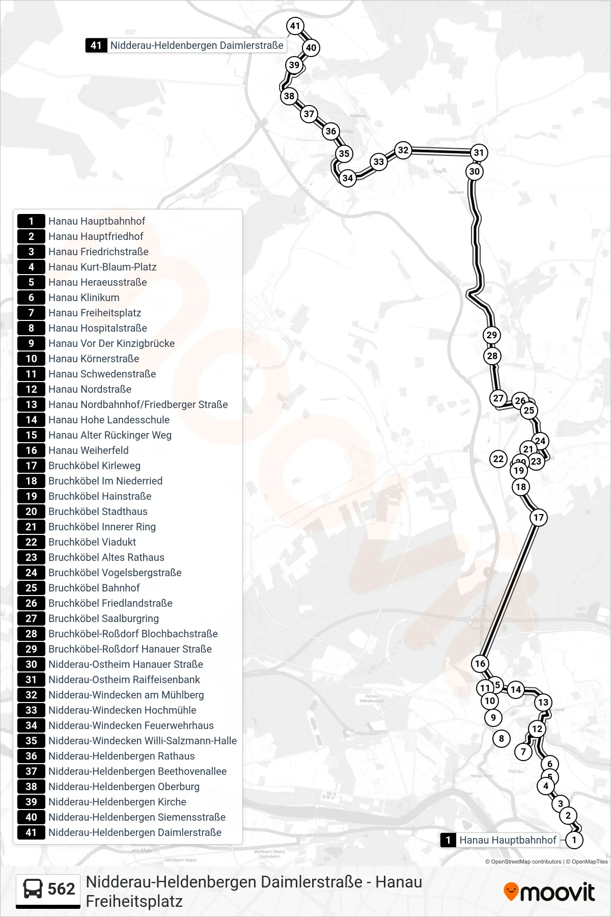 Linie 562 (Bus) Richtung Nidderau-Heldenbergen Daimlerstraße: Route und Haltestellen auf der Karte