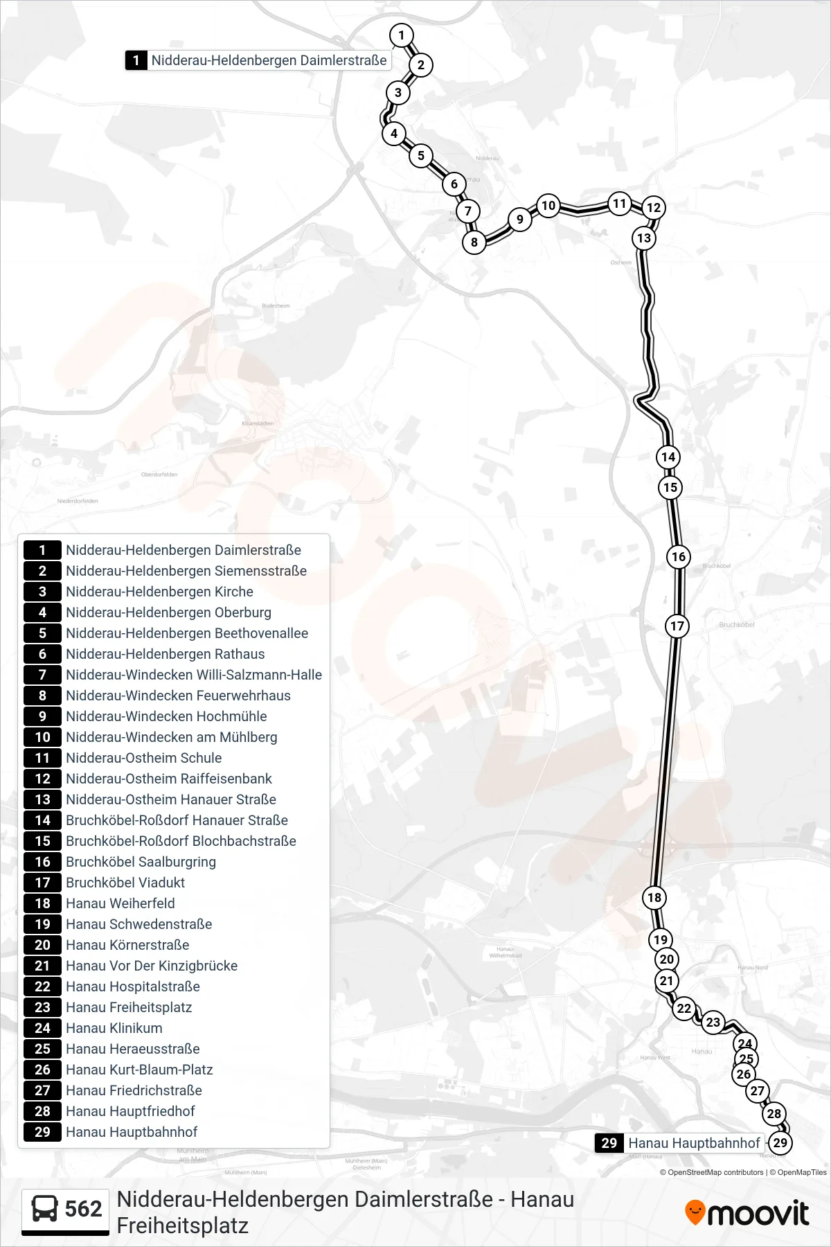 562 bus Line (Hanau Hauptbahnhof) route and stops on a map