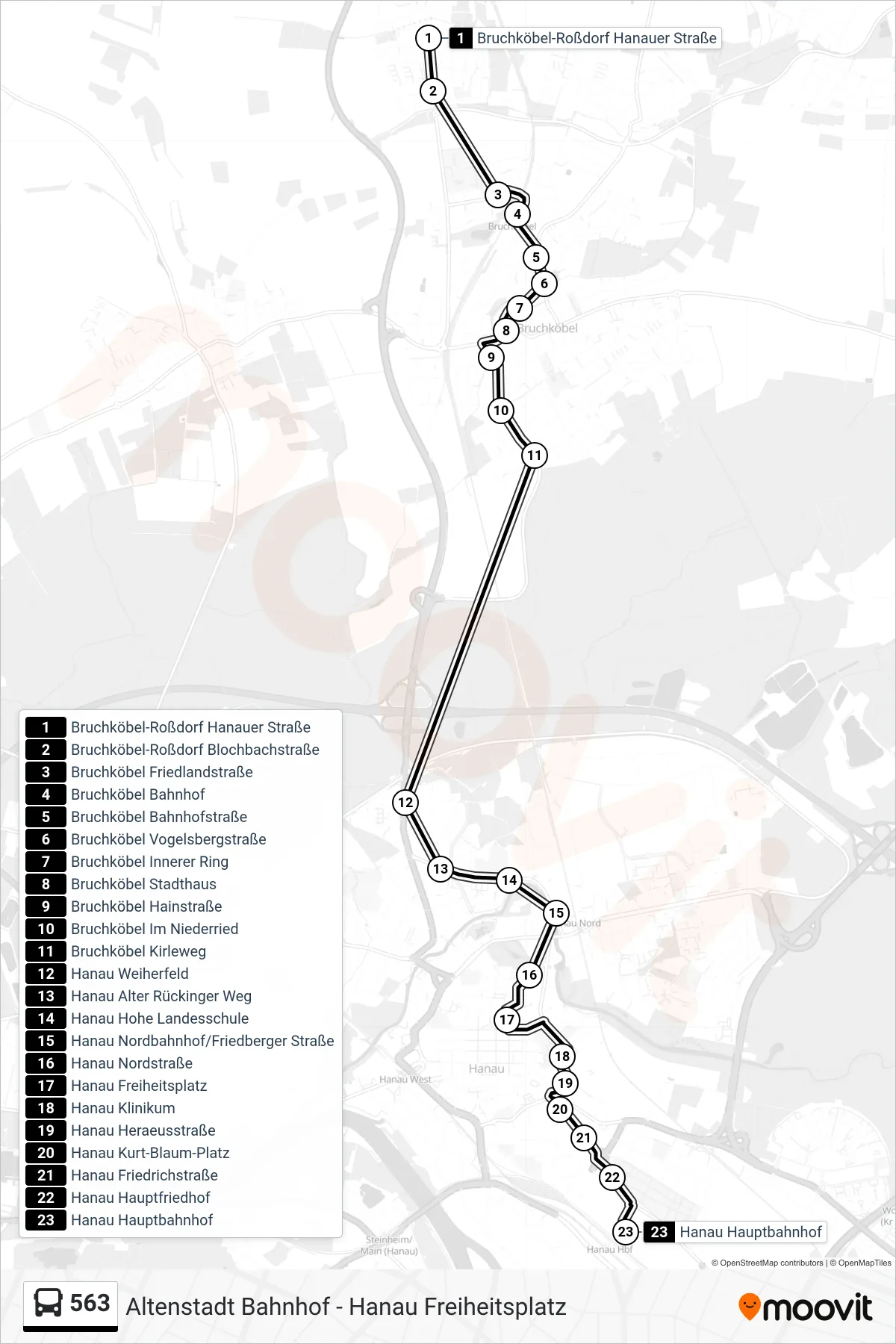 563 bus Line (Hanau Hauptbahnhof) route and stops on a map