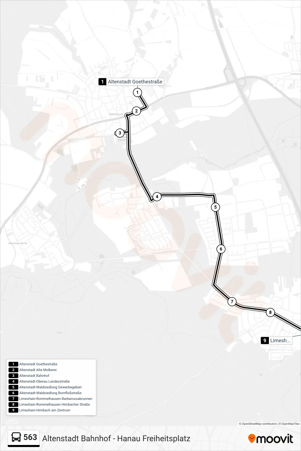 563 bus Line (Limeshain-Himbach am Zentrum) route and stops on a map