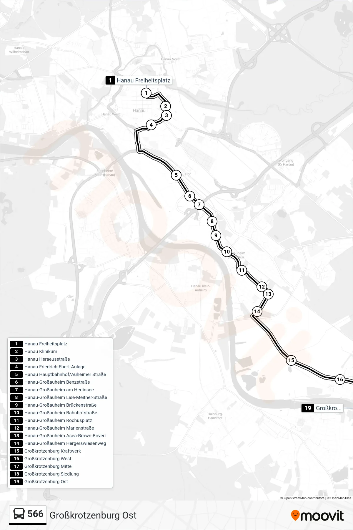 566 bus Line (Großkrotzenburg Ost) route and stops on a map