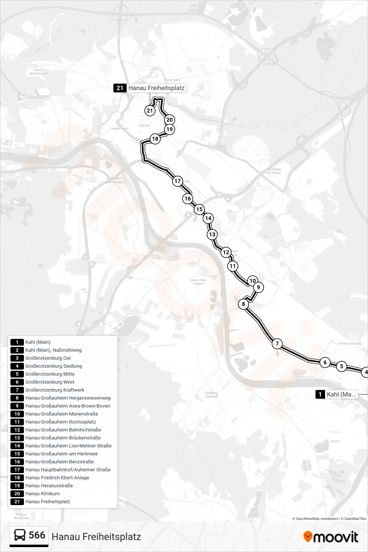 566 bus Line (Hanau Freiheitsplatz) route and stops on a map