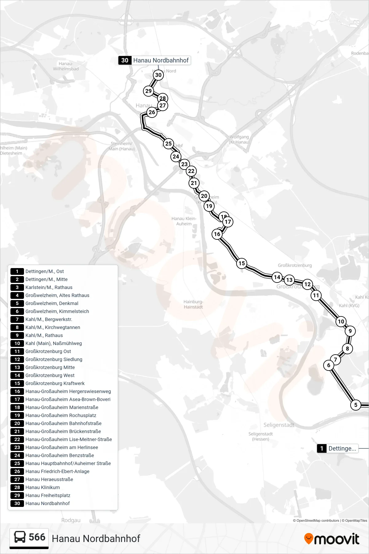 566 bus Line (Hanau Nordbahnhof) route and stops on a map