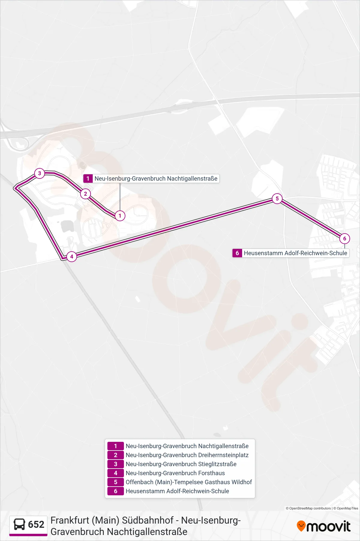652 bus Line (Heusenstamm Adolf-Reichwein-Schule) route and stops on a map