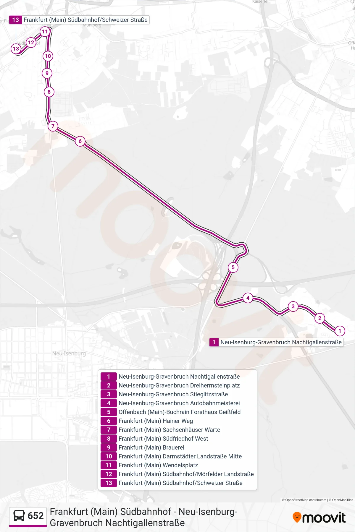 652 bus Line (Frankfurt (Main) Südbahnhof/Schweizer Straße) route and stops on a map