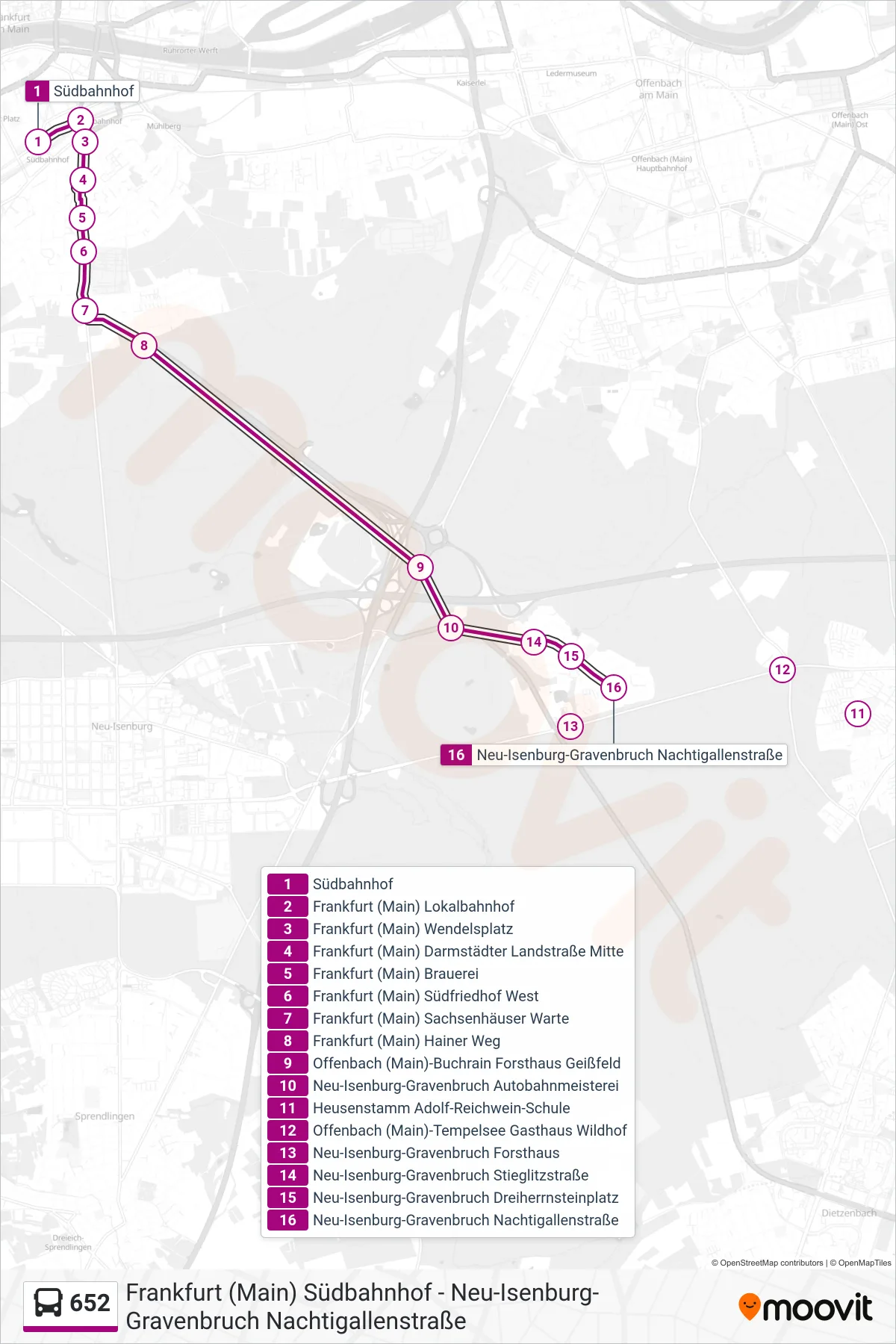 Linie 652 (Bus) Richtung Neu-Isenburg-Gravenbruch Nachtigallenstraße: Route und Haltestellen auf der Karte