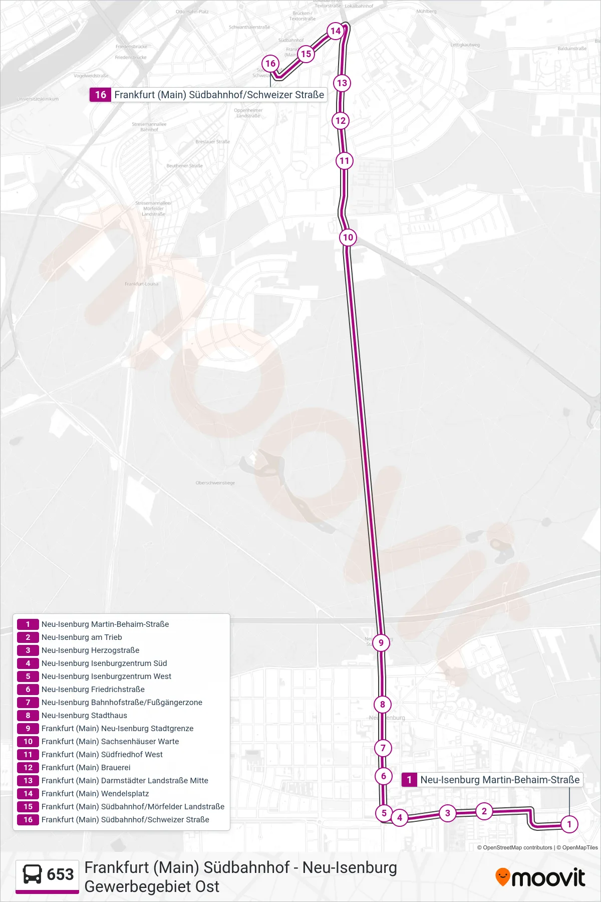 Linie 653 (Bus) Richtung Frankfurt (Main) Südbahnhof/Schweizer Straße: Route und Haltestellen auf der Karte