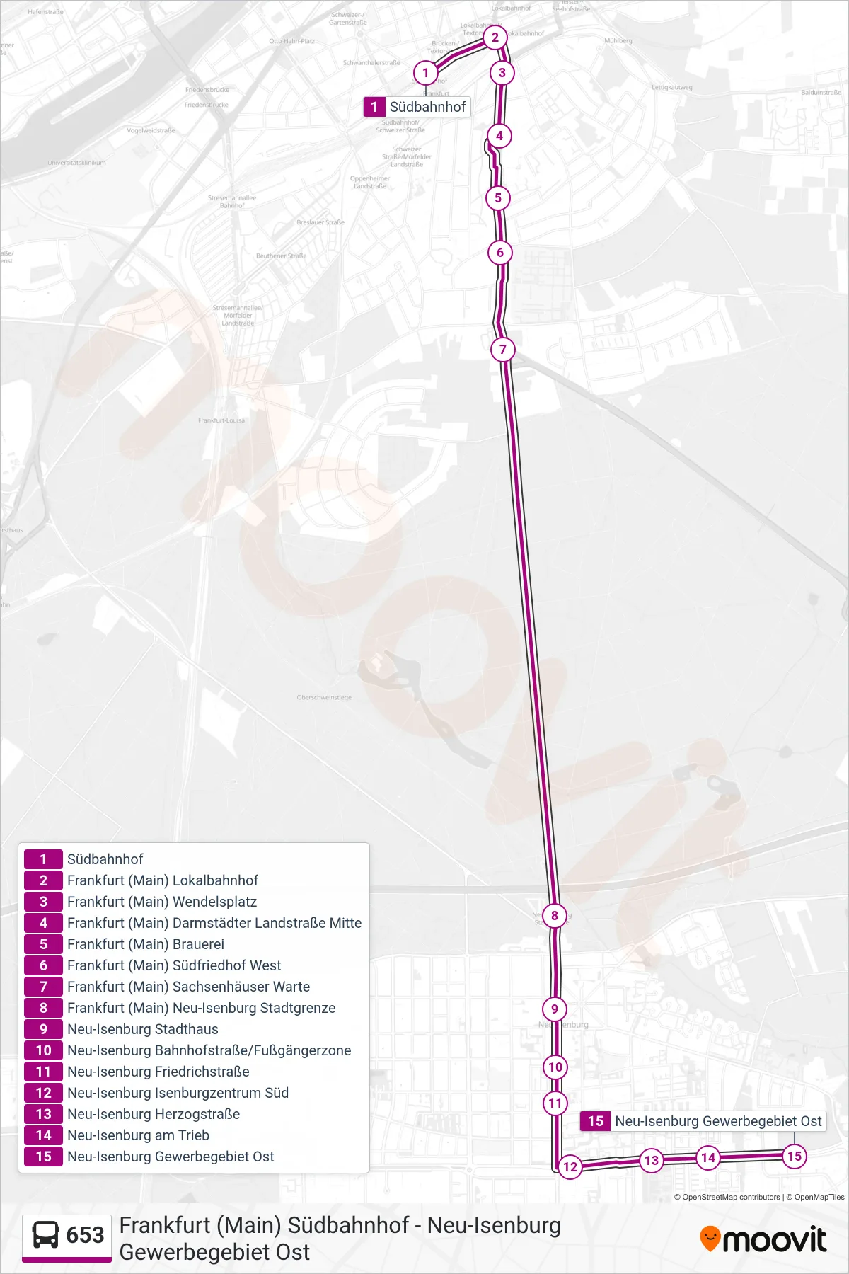 653 bus Line (Neu-Isenburg Gewerbegebiet Ost) route and stops on a map