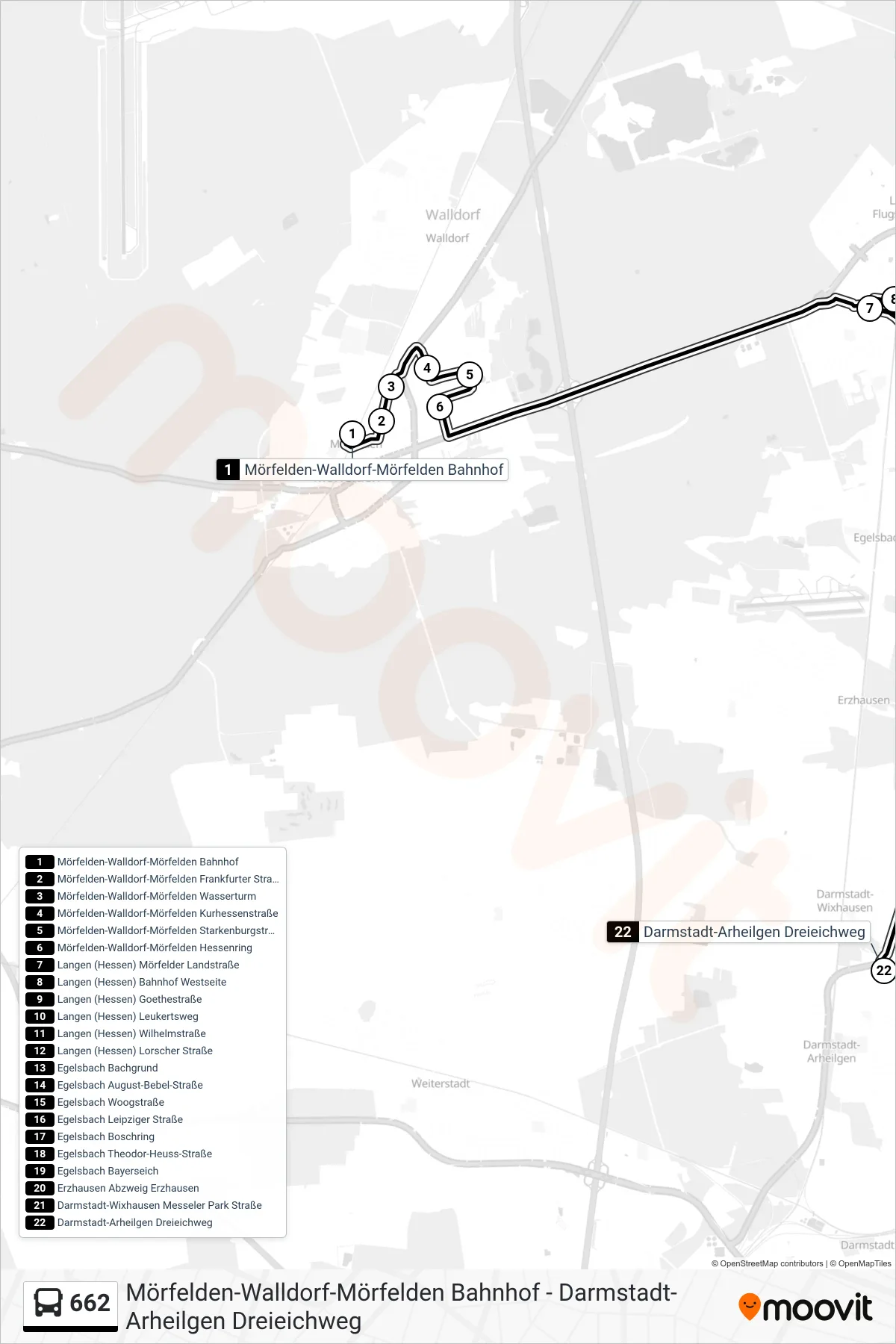 662 bus Line (Darmstadt-Arheilgen Dreieichweg) route and stops on a map