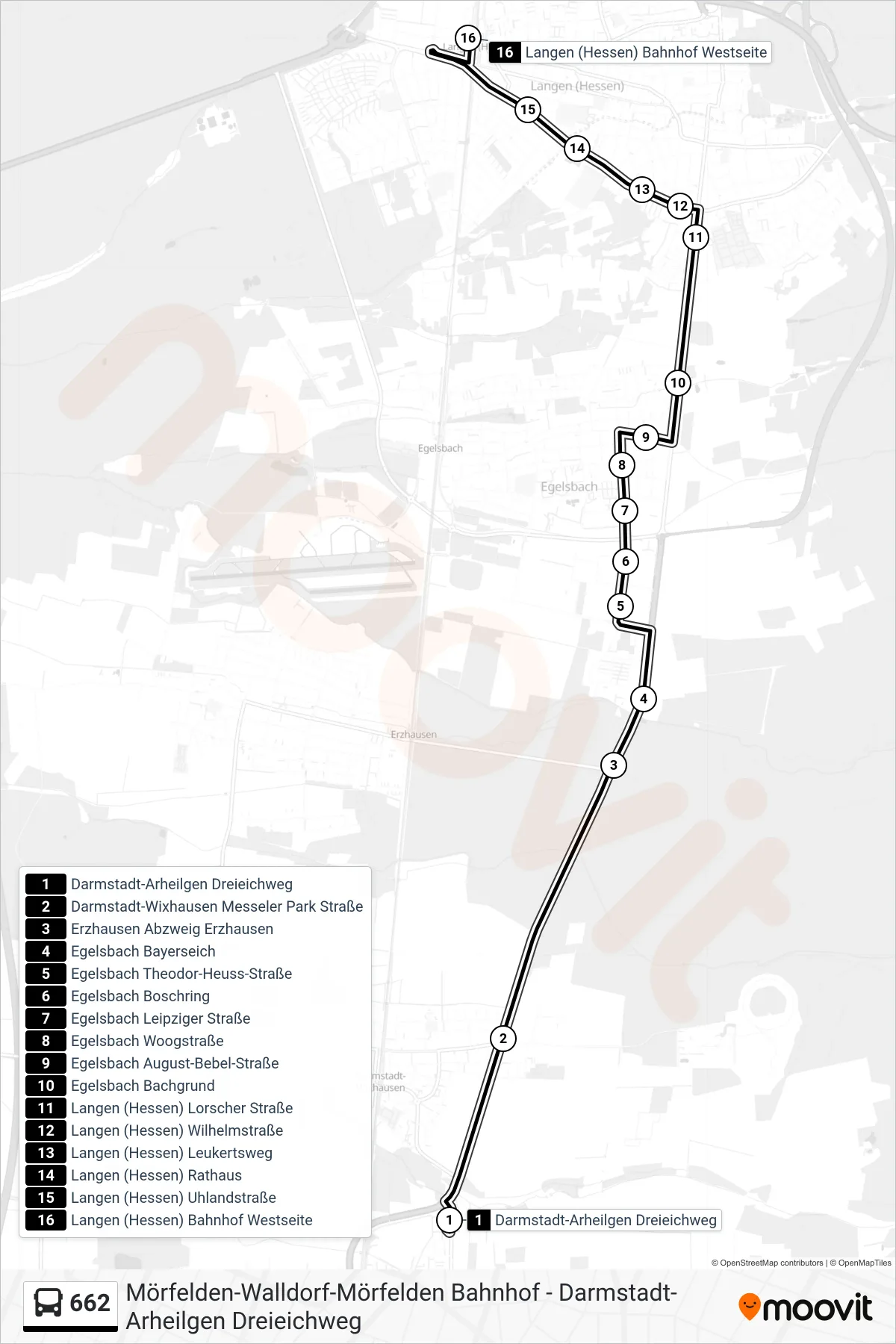 662 bus Line (Langen (Hessen) Bahnhof Westseite) route and stops on a map