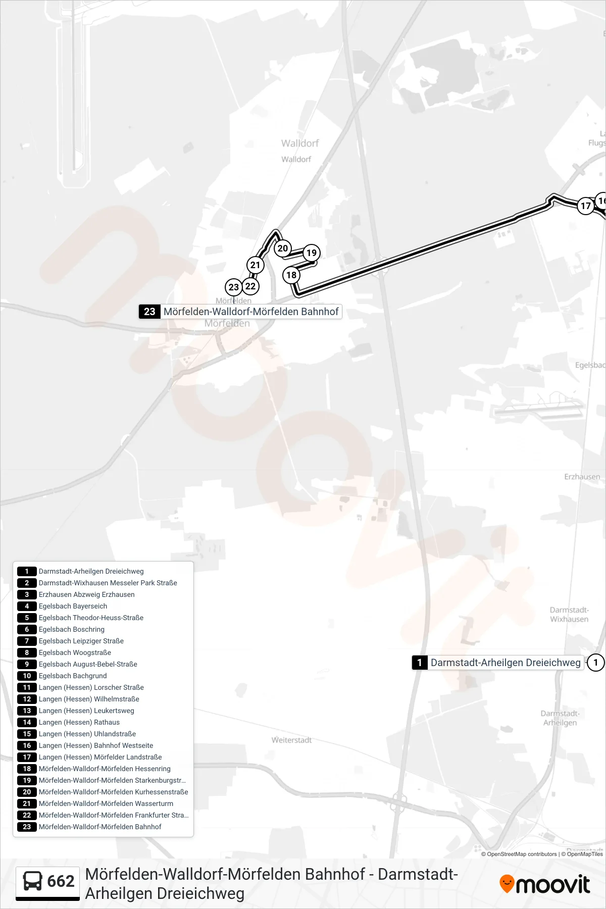 Linie 662 (Bus) Richtung Mörfelden-Walldorf-Mörfelden Bahnhof: Route und Haltestellen auf der Karte