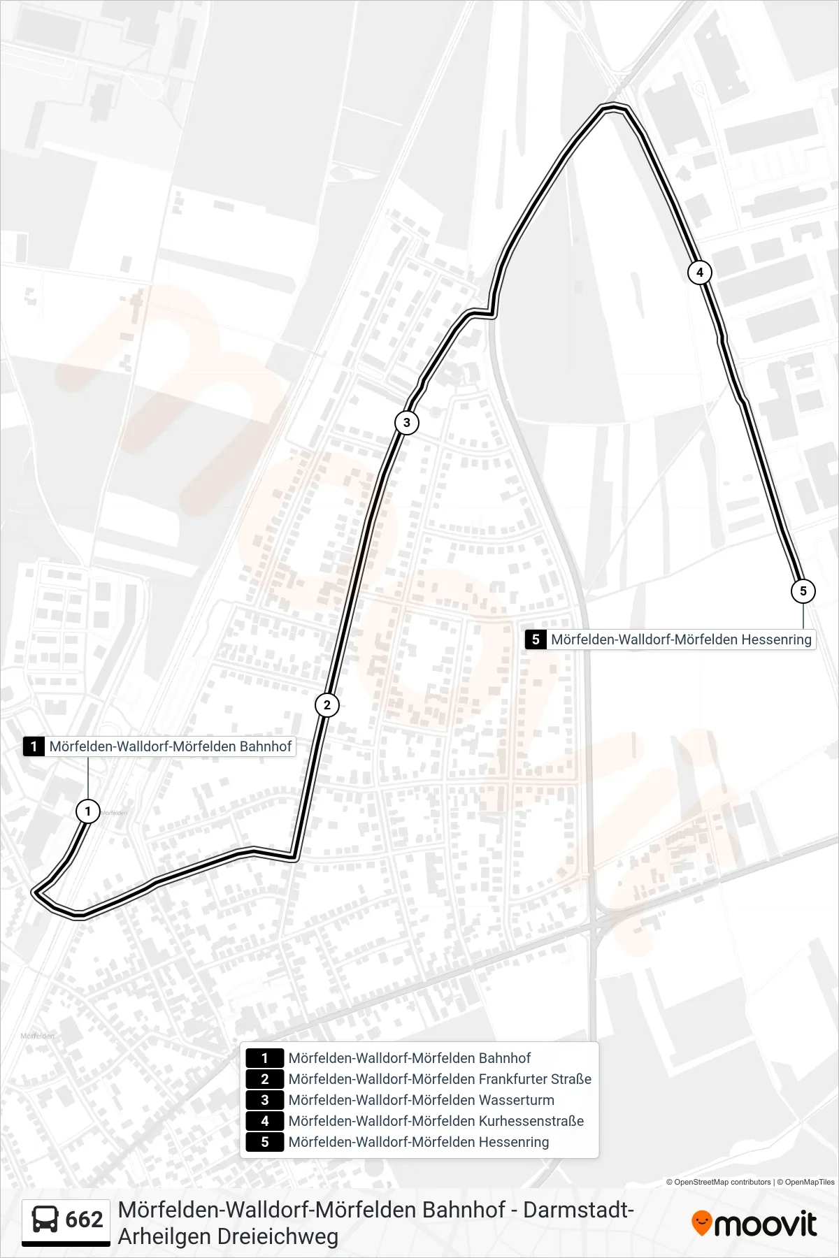662 bus Line (Mörfelden-Walldorf-Mörfelden Hessenring) route and stops on a map