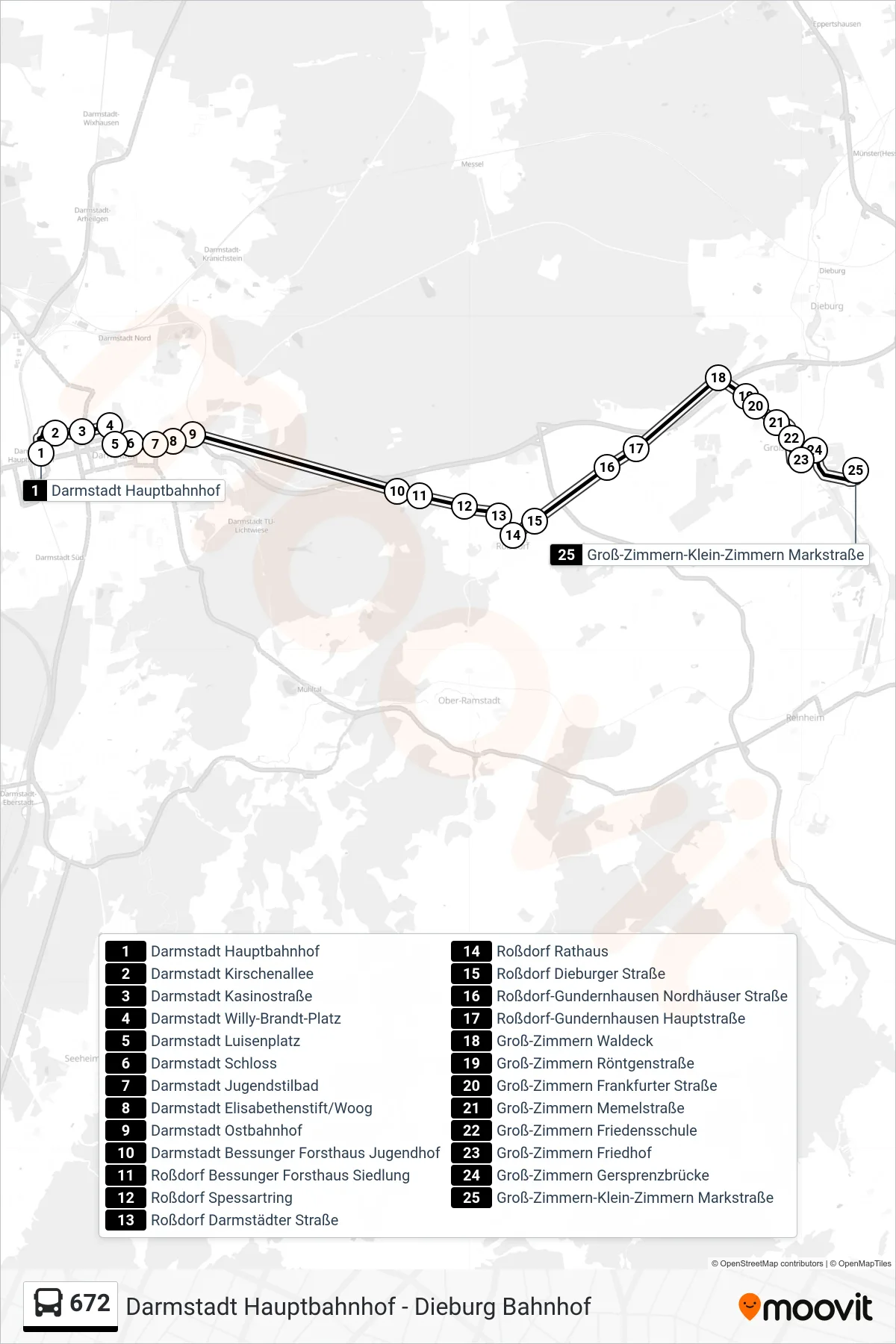 672 bus Line (Groß-Zimmern-Klein-Zimmern Markstraße) route and stops on a map