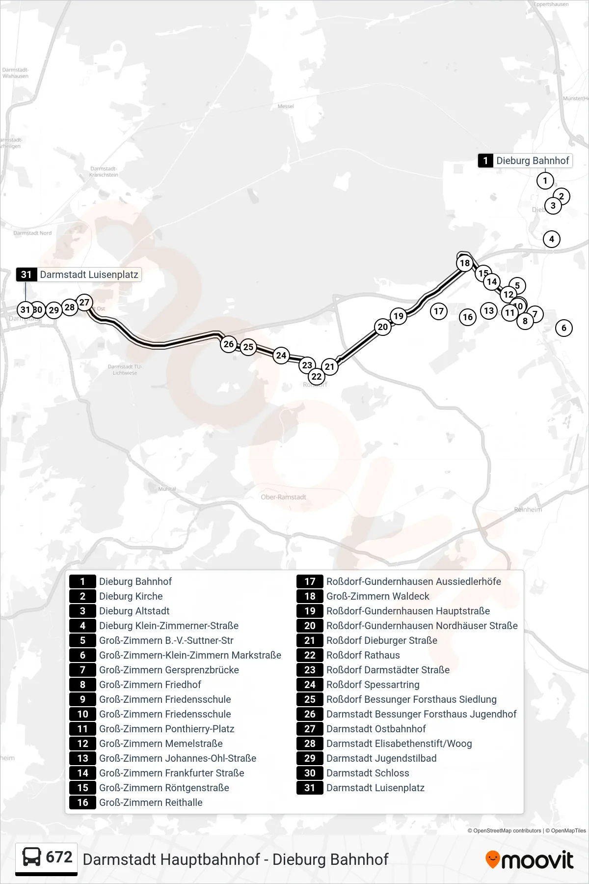 672 bus Line (Darmstadt Luisenplatz) route and stops on a map