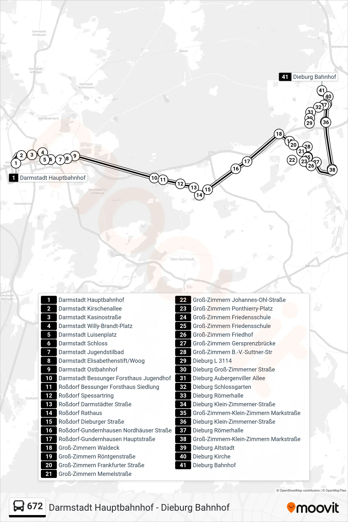 Linie 672 (Bus) Richtung Dieburg Bahnhof: Route und Haltestellen auf der Karte