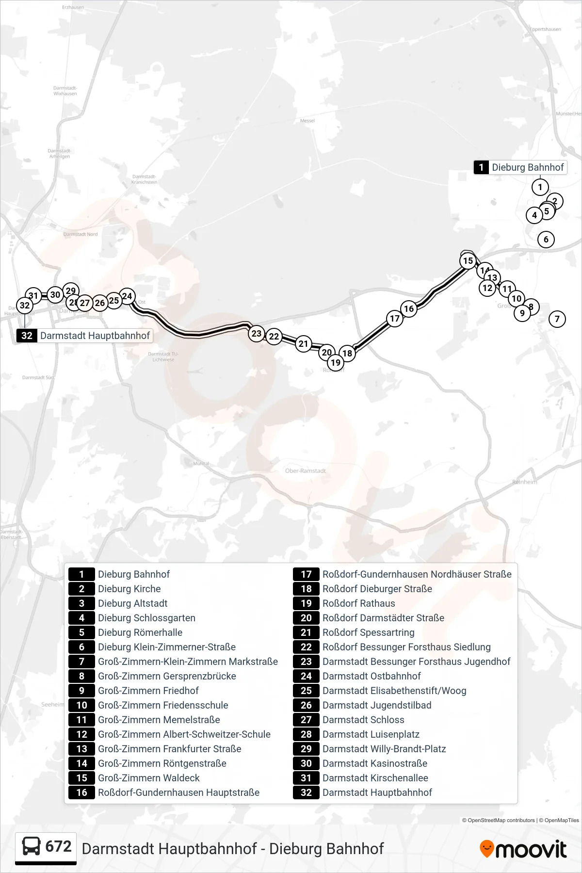 672 bus Line (Darmstadt Hauptbahnhof) route and stops on a map