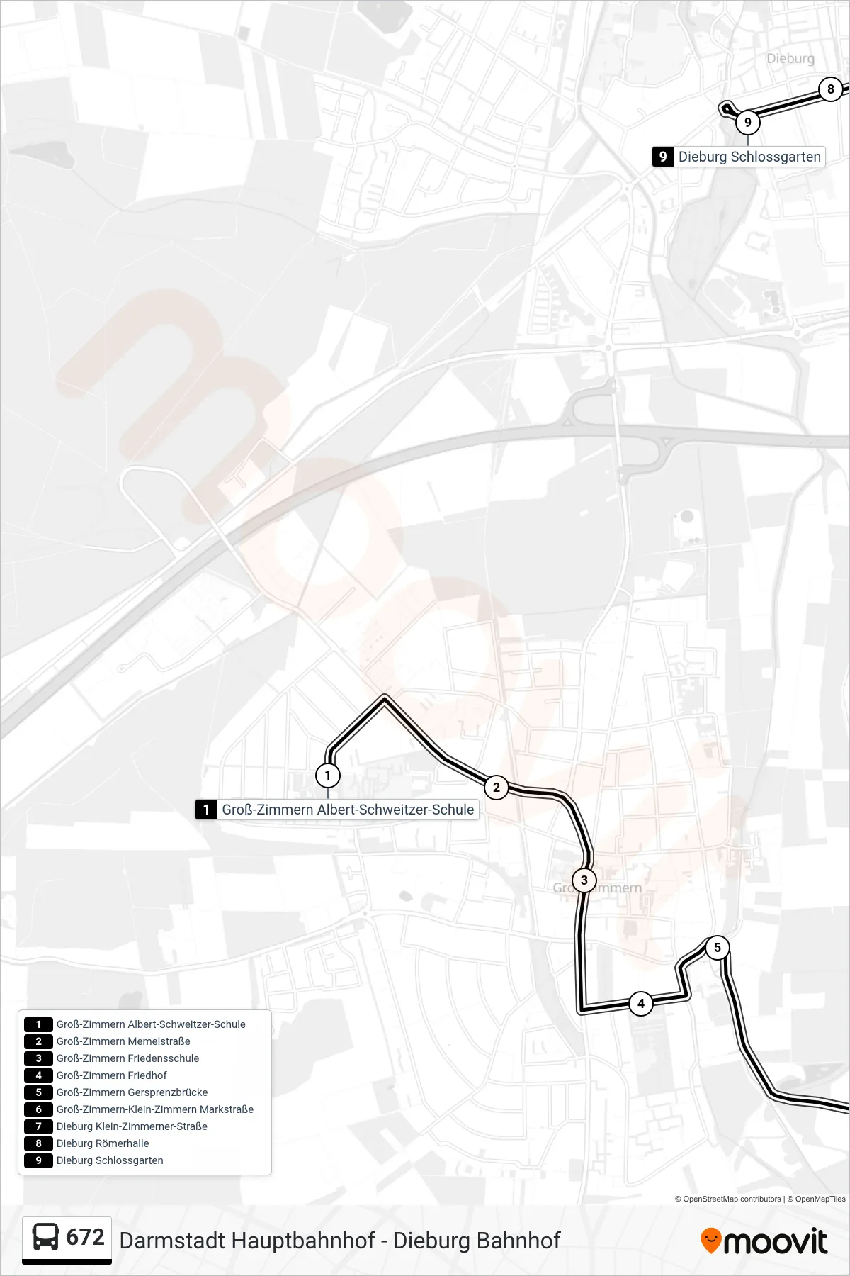 672 bus Line (Dieburg Schlossgarten) route and stops on a map