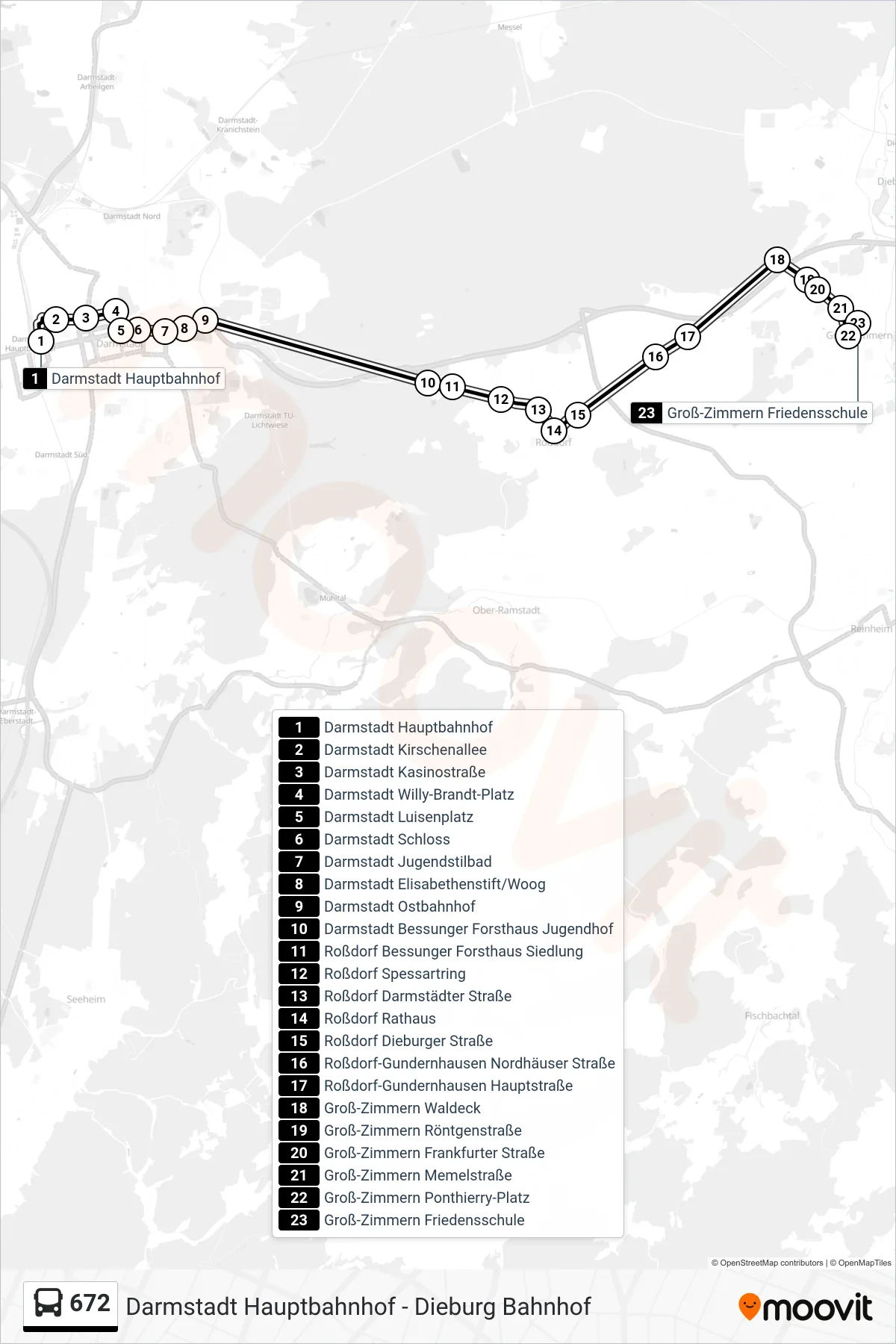 672 bus Line (Groß-Zimmern Friedensschule) route and stops on a map