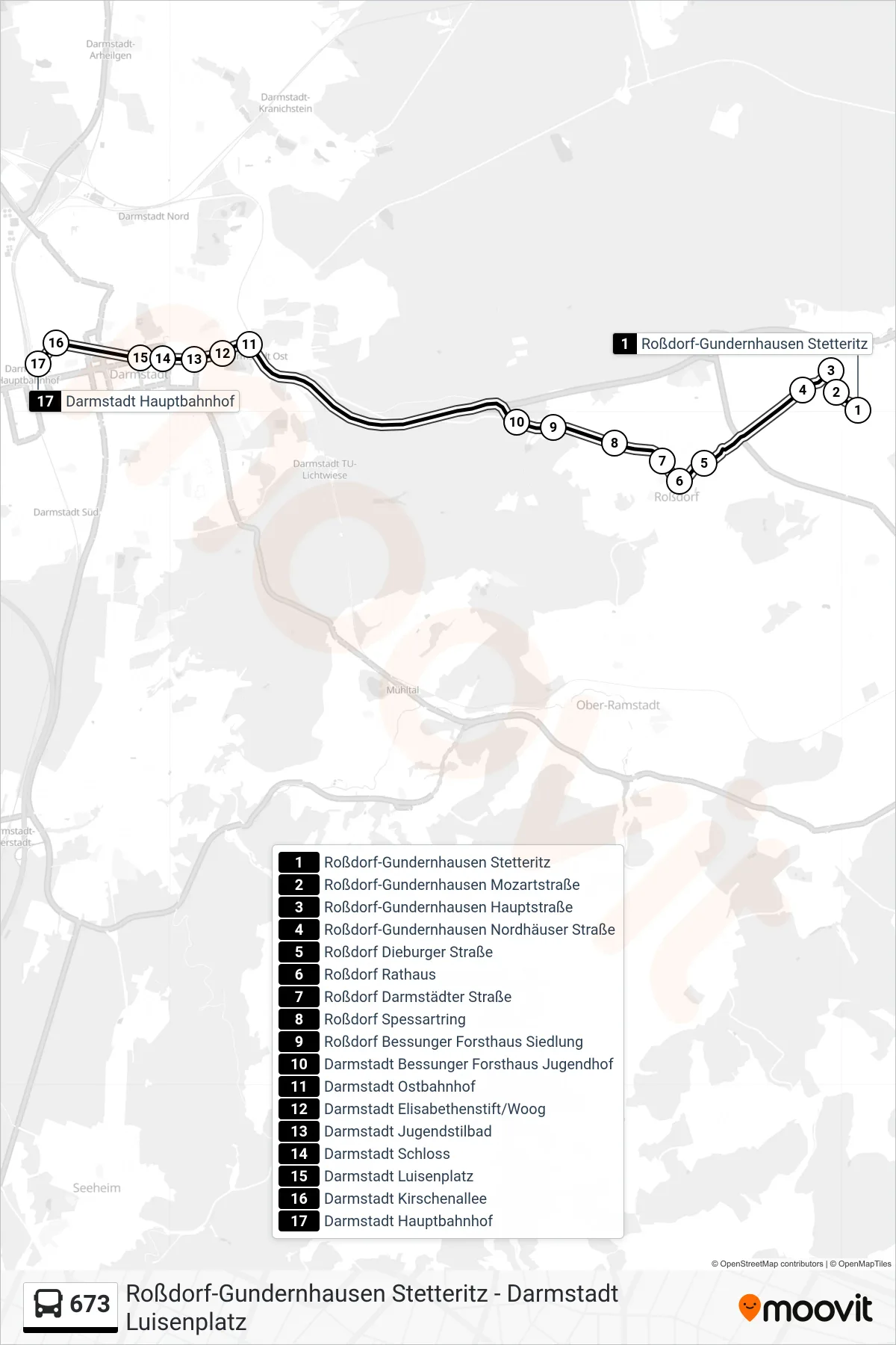 673 bus Line (Darmstadt Hauptbahnhof) route and stops on a map