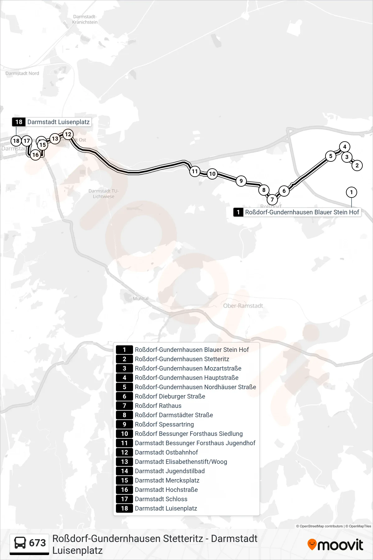 673 bus Line (Darmstadt Luisenplatz) route and stops on a map