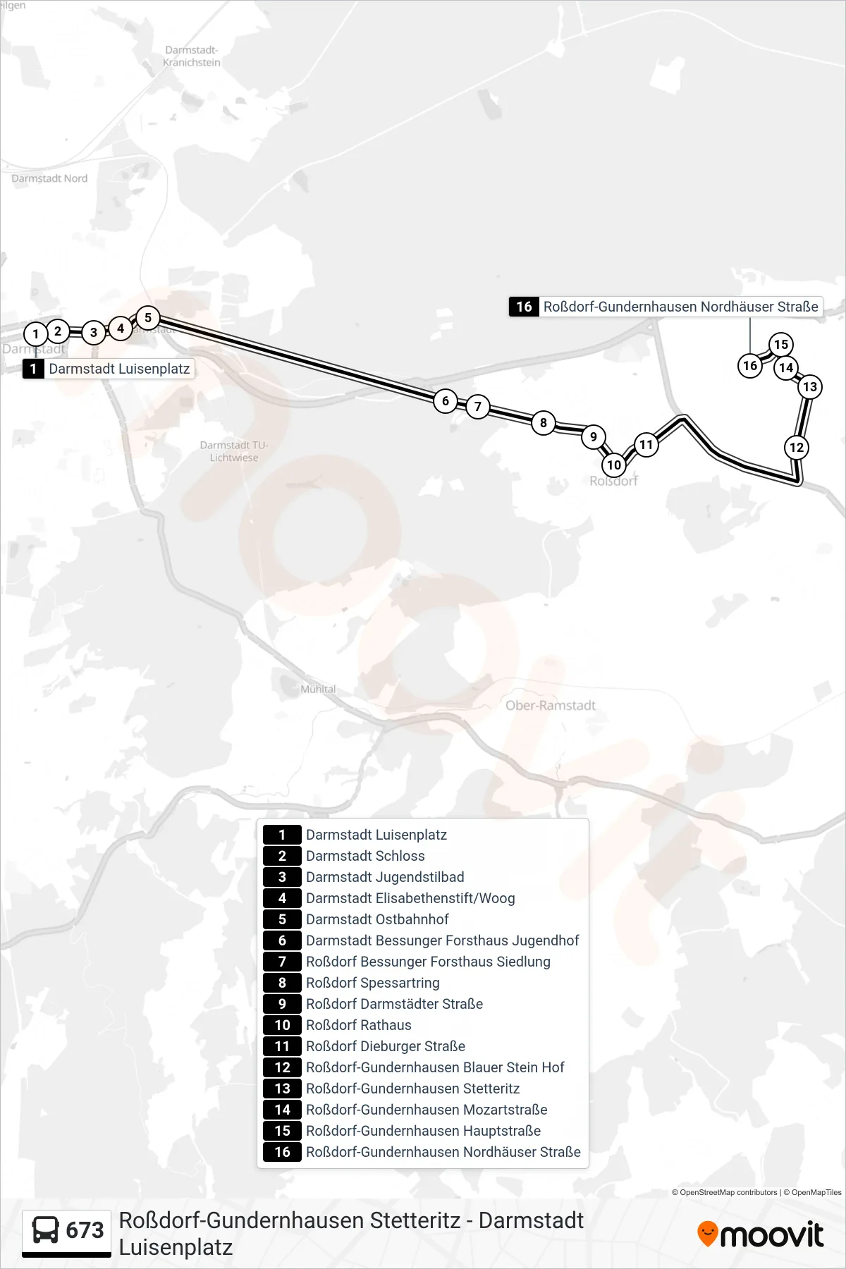 673 bus Line (Roßdorf-Gundernhausen Nordhäuser Straße) route and stops on a map