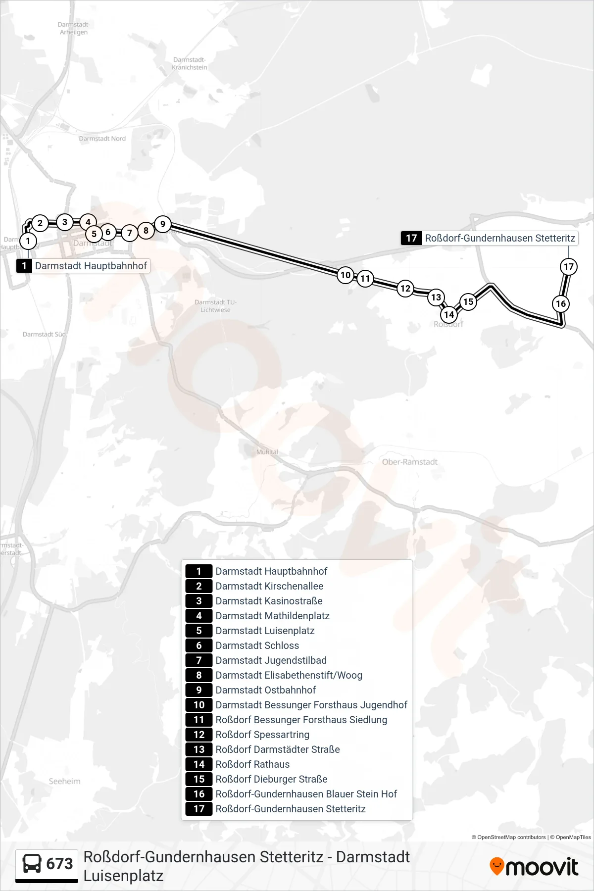 673 bus Line (Roßdorf-Gundernhausen Stetteritz) route and stops on a map
