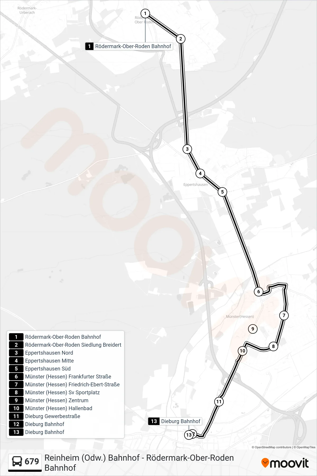 679 bus Line (Dieburg Bahnhof) route and stops on a map