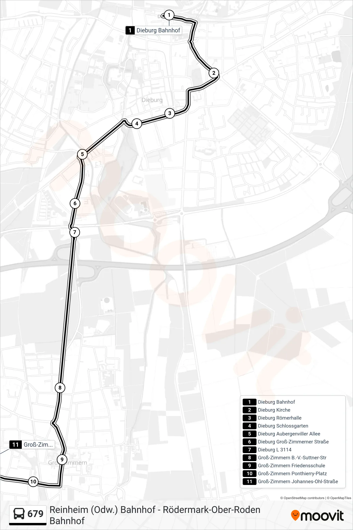 Linie 679 (Bus) Richtung Groß-Zimmern Johannes-Ohl-Straße: Route und Haltestellen auf der Karte