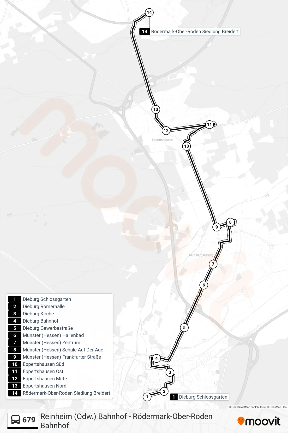 679 bus Line (Rödermark-Ober-Roden Siedlung Breidert) route and stops on a map