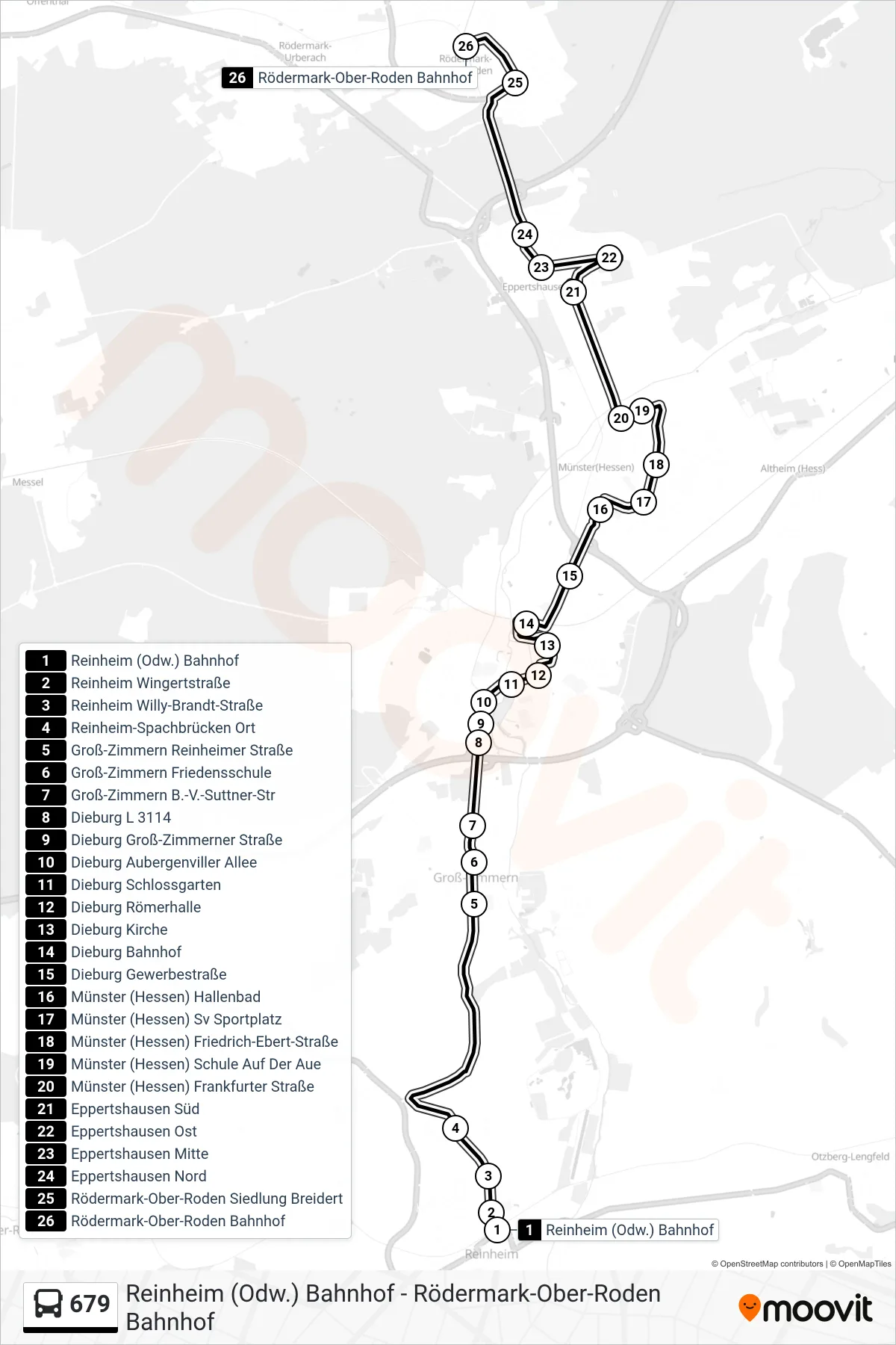 679 bus Line (Rödermark-Ober-Roden Bahnhof) route and stops on a map