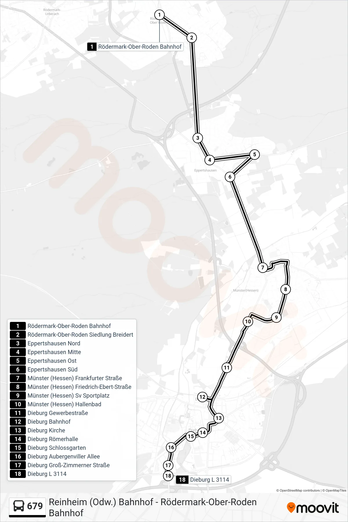 679 bus Line (Dieburg L 3114) route and stops on a map
