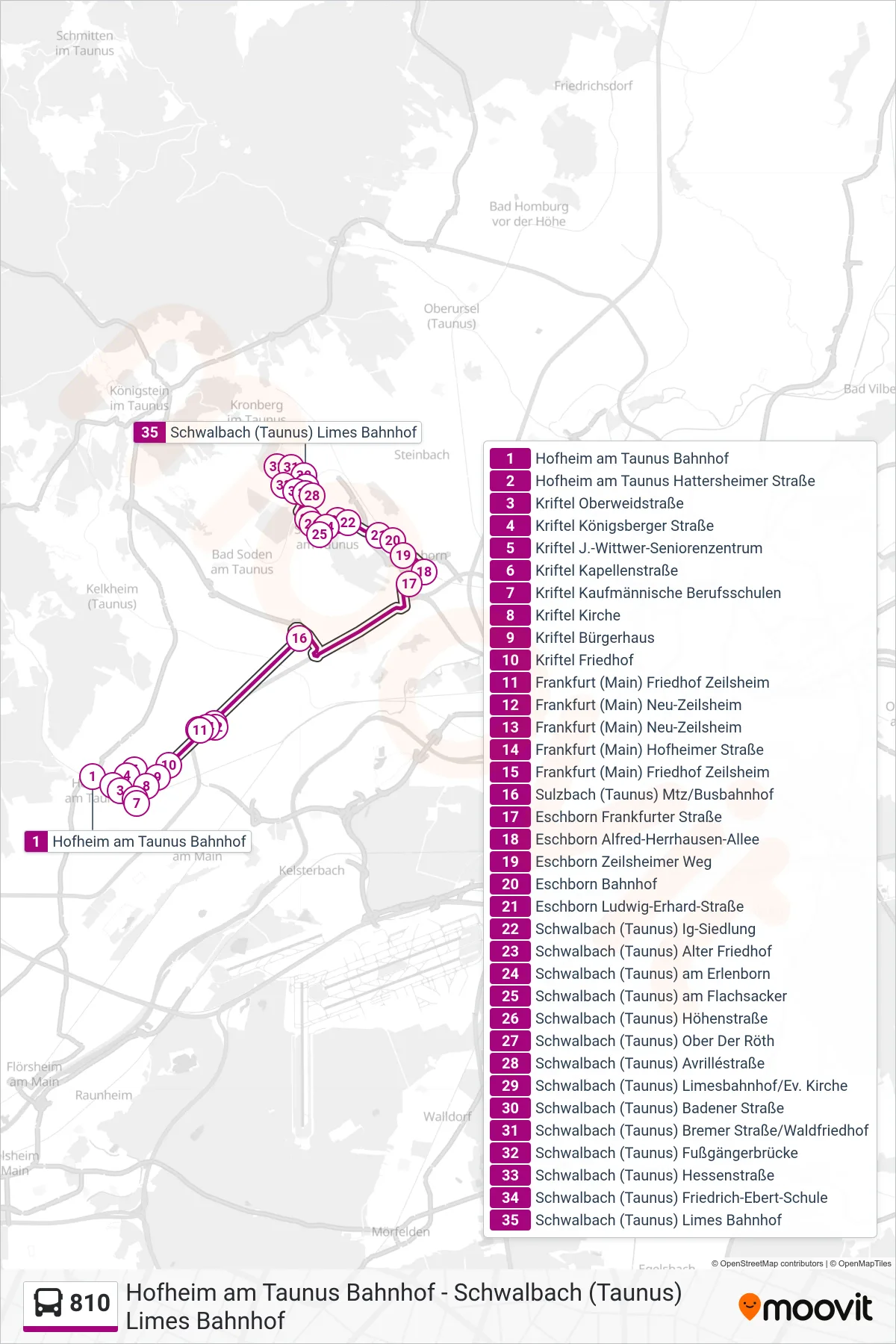 810 bus Line (Schwalbach (Taunus) Limes Bahnhof) route and stops on a map