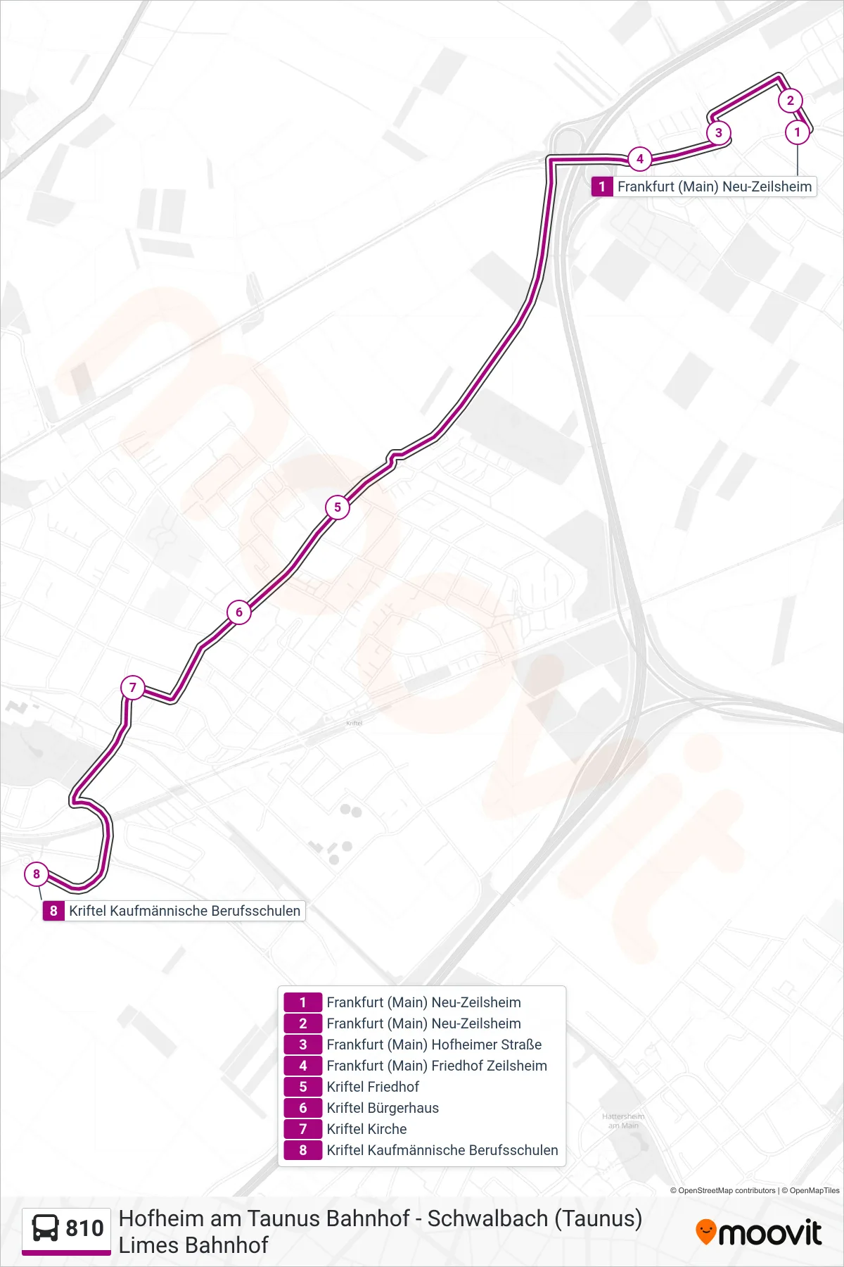 810 bus Line (Kriftel Kaufmännische Berufsschulen) route and stops on a map