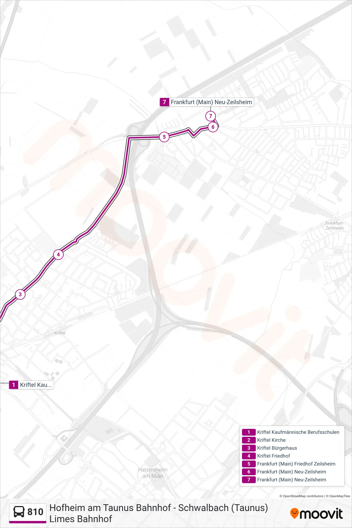 810 bus Line (Frankfurt (Main) Neu-Zeilsheim) route and stops on a map